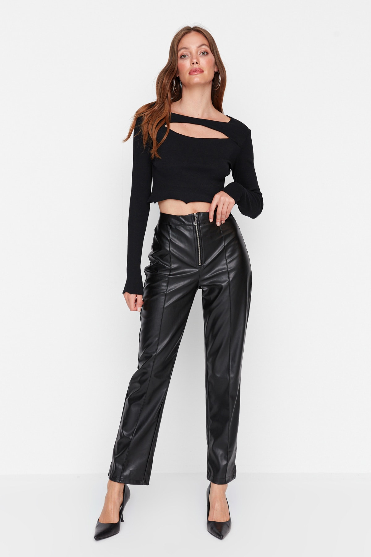 Trendyol Black Weave High Waist Zipper Detail Faux Leather Trousers
