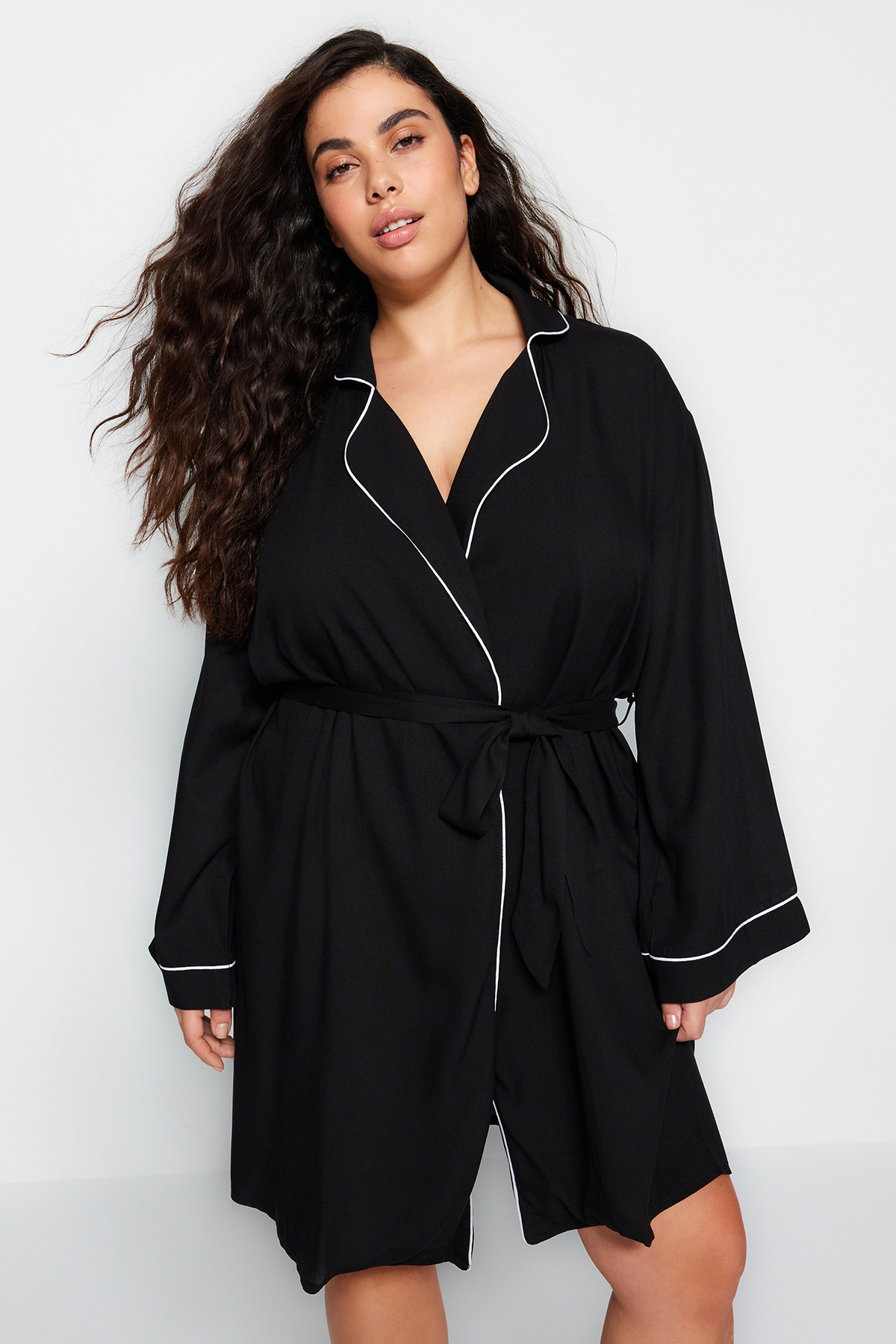 Trendyol Curve Black Tie Double Breasted Woven Dressing Gown