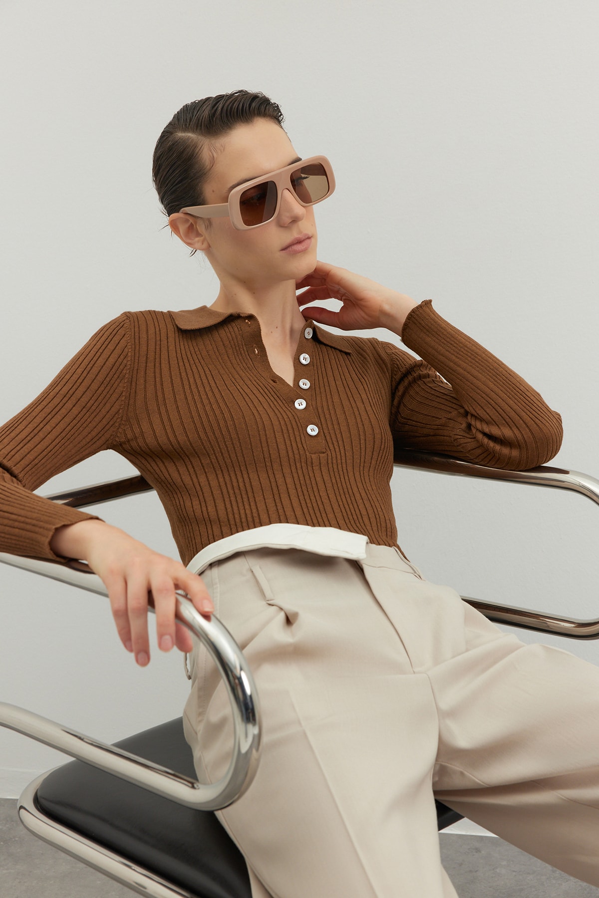 Trendyol Brown Polo Collar Corduroy Knitwear Sweater