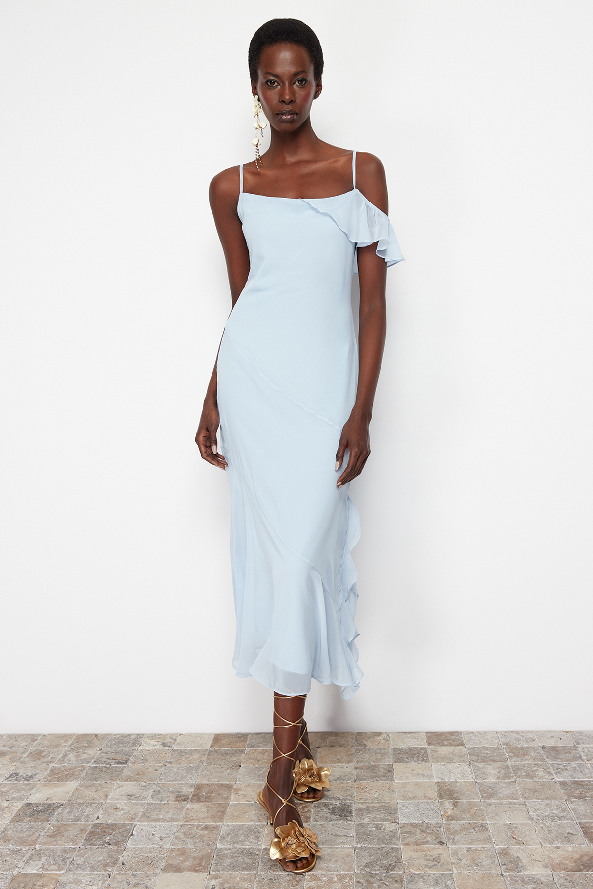 Trendyol Light Blue Flounce Woven Chiffon Elegant Evening Dress