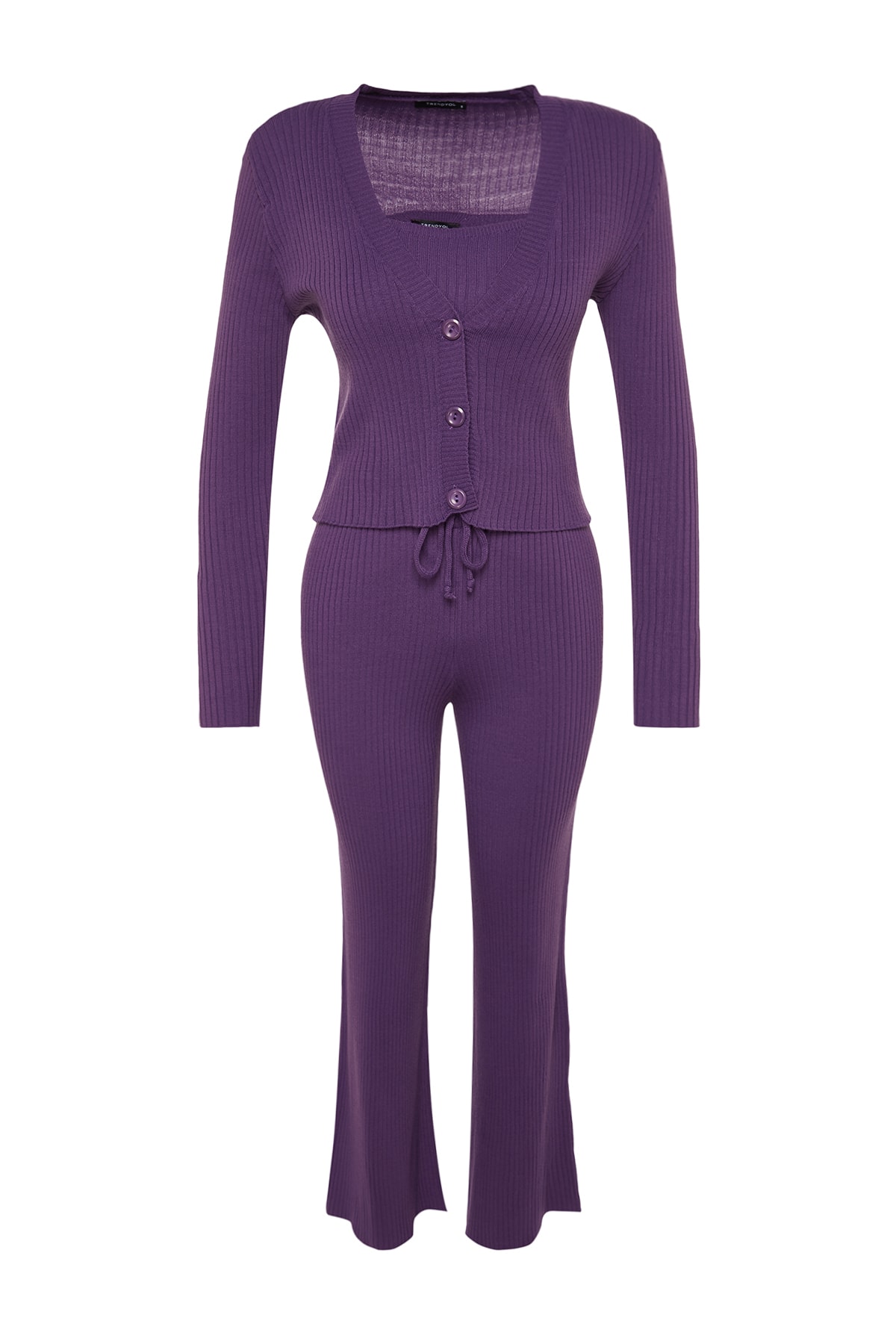 Bluza Trendyol Purple cu nervuri, pantaloni cardigan, pulover top-top suit