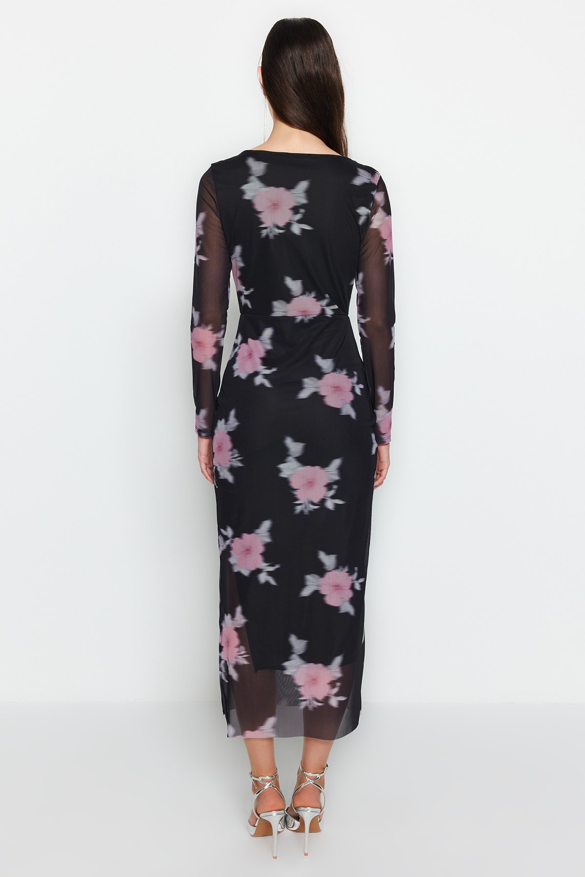 Trendyol Black Tulle Floral Fitted Square Collar Long Sleeve Maxi Stretch Knit Dress