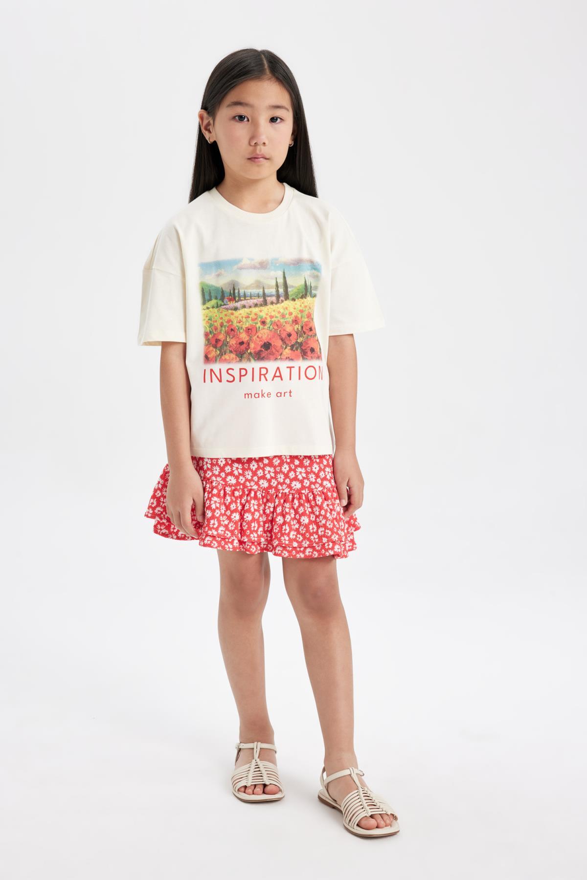 DEFACTO Girl's Printed Short Sleeve T-shirt Skirt 2-Piece Set