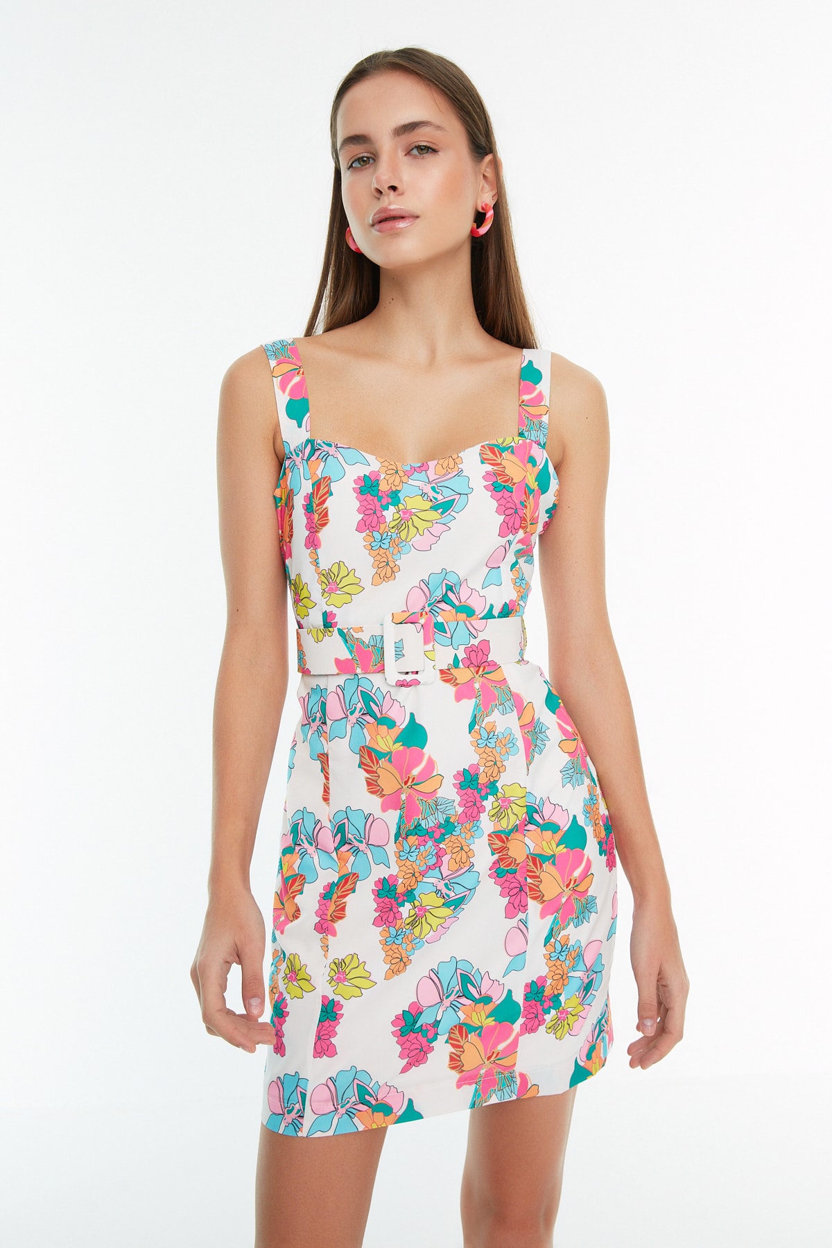 Trendyol White Floral Model Strappy Rochie țesută