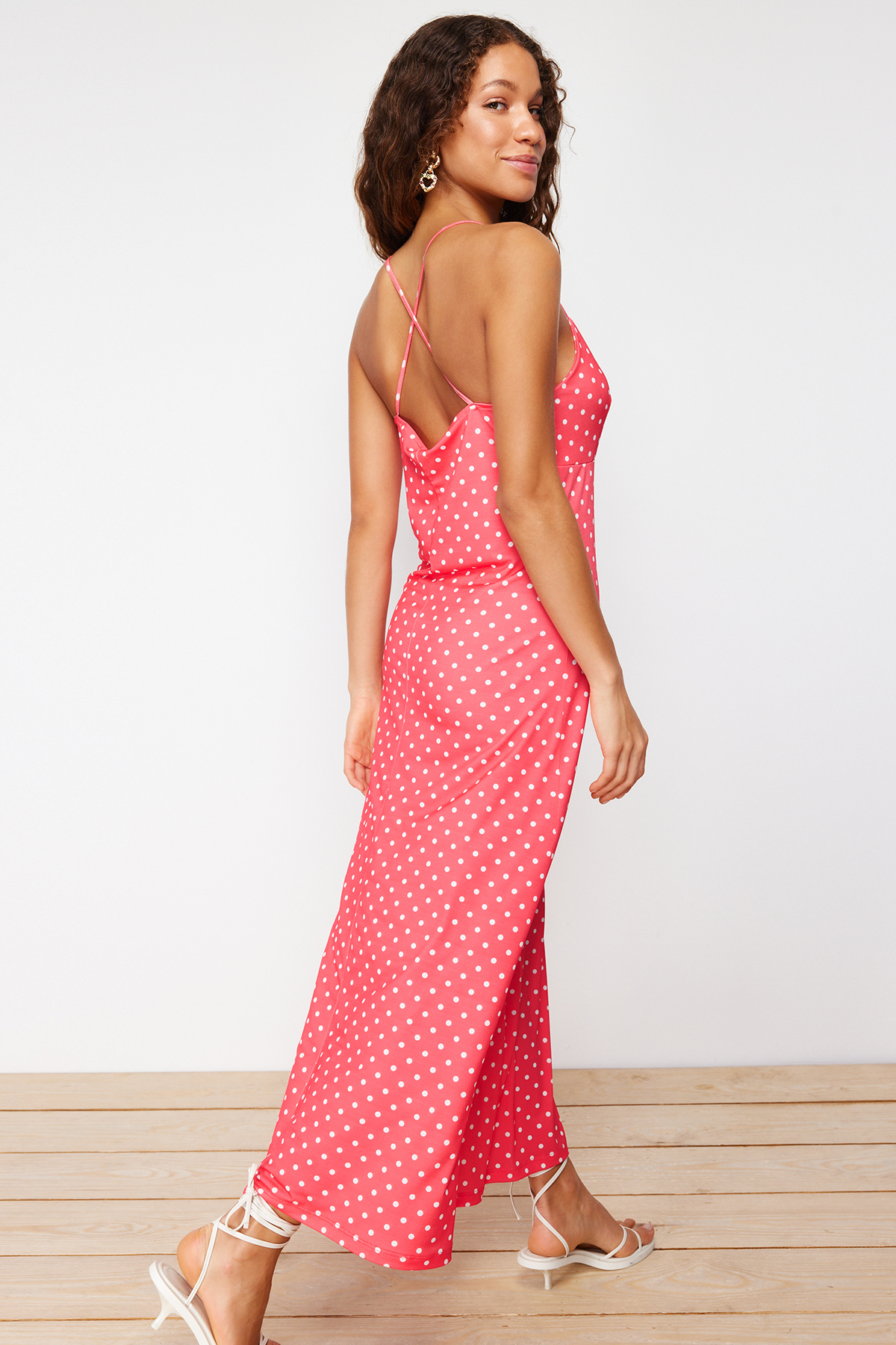 Trendyol Red Adjustable Strap Polka Dot A Cut/Bell Shape Flexible Knitted Maxi Dress