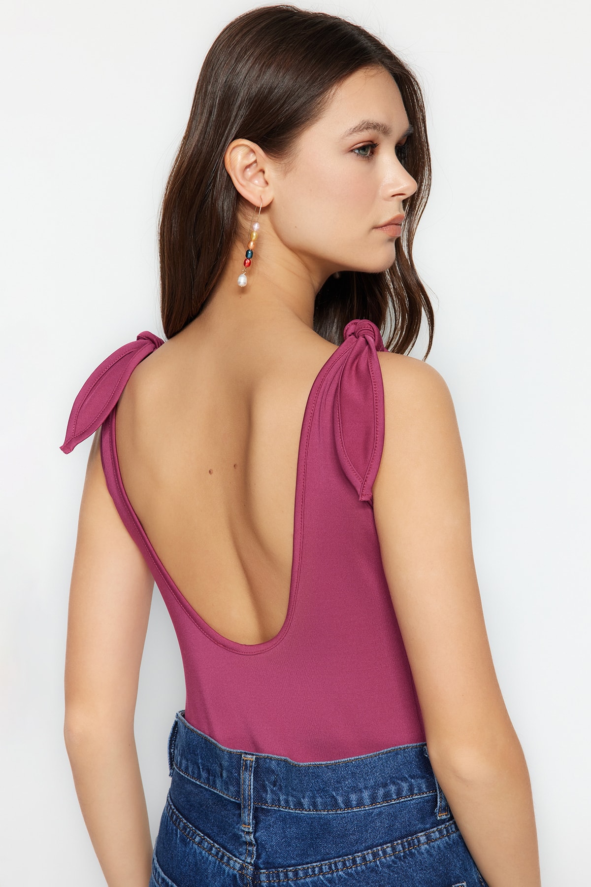 Levně Trendyol Fuchsia Lace-Up Detailed Pool Collar, Low-Cut Back Knitted Body