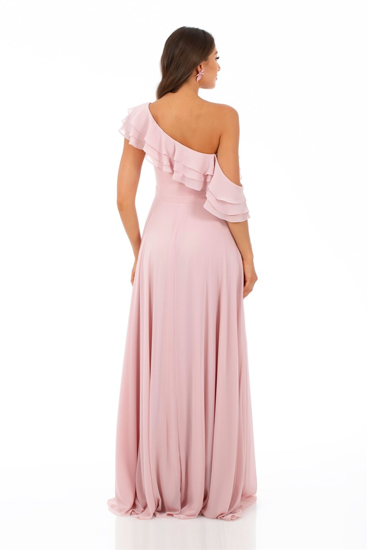 Carmen Powder Chiffon Shoulder Flounce Slit Evening Dress