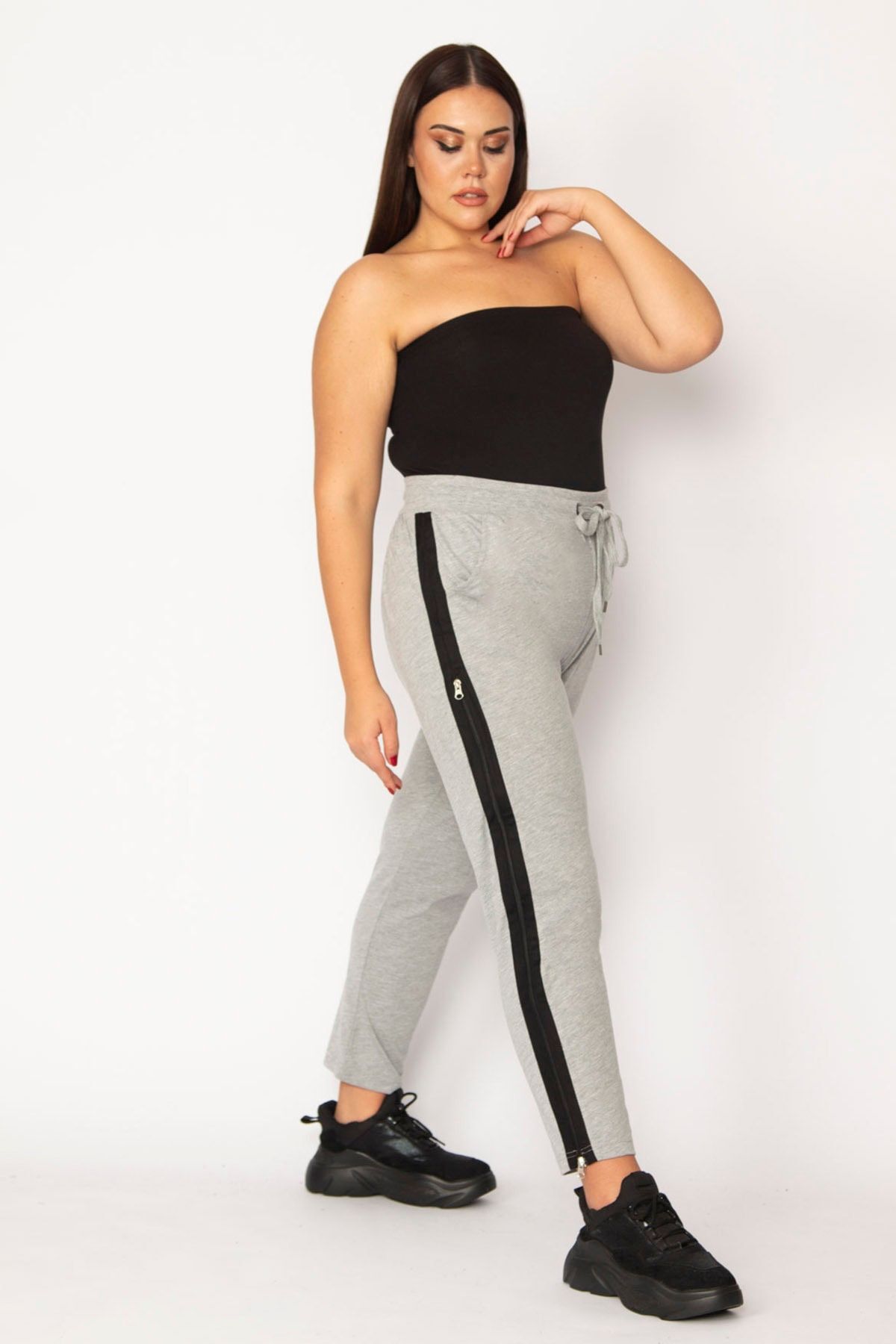 Şans Women's Plus Size Gray Combi Pants with Zippered Elastic Waist, which open the sides. 65N29190