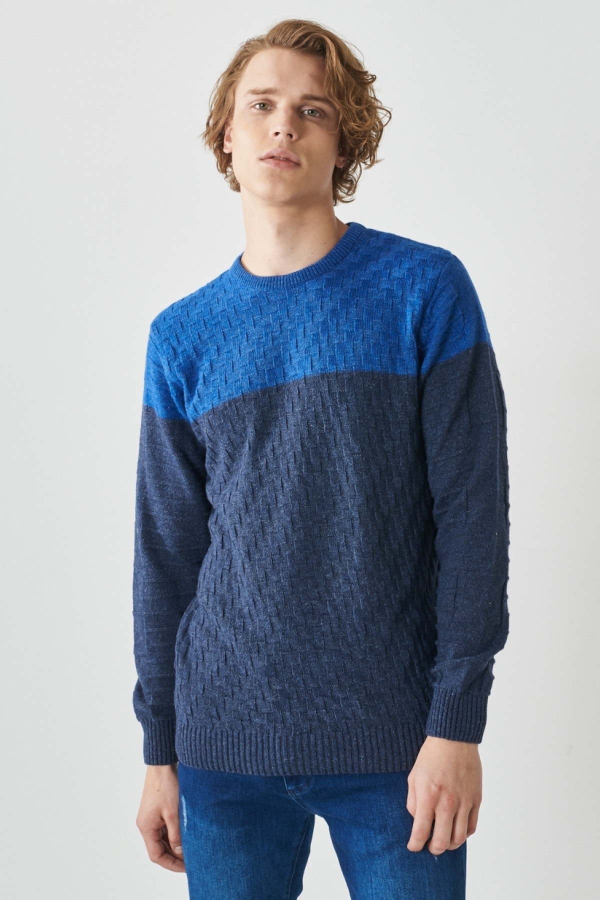 Levně AC&Co / Altınyıldız Classics Men's Saxe-Aviator Blue Standard Fit Regular Fit Crew Neck Patterned Wool Knitwear Sweater