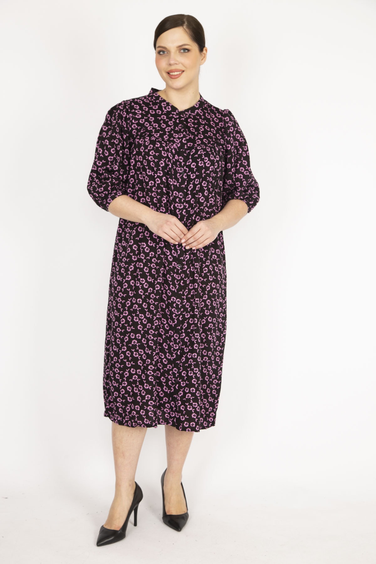 Levně Şans Women's Colorful Large Size Woven Viscose Fabric Front Button Dress