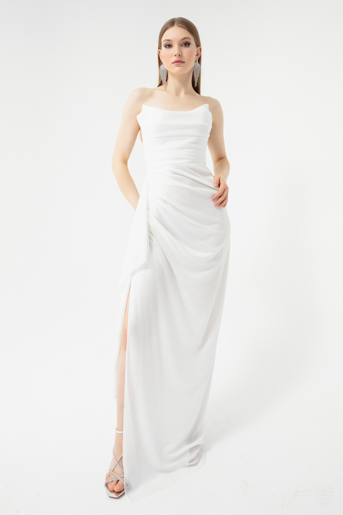 Lafaba Women's White Bust Draped Glittery Slit Evening Dress.