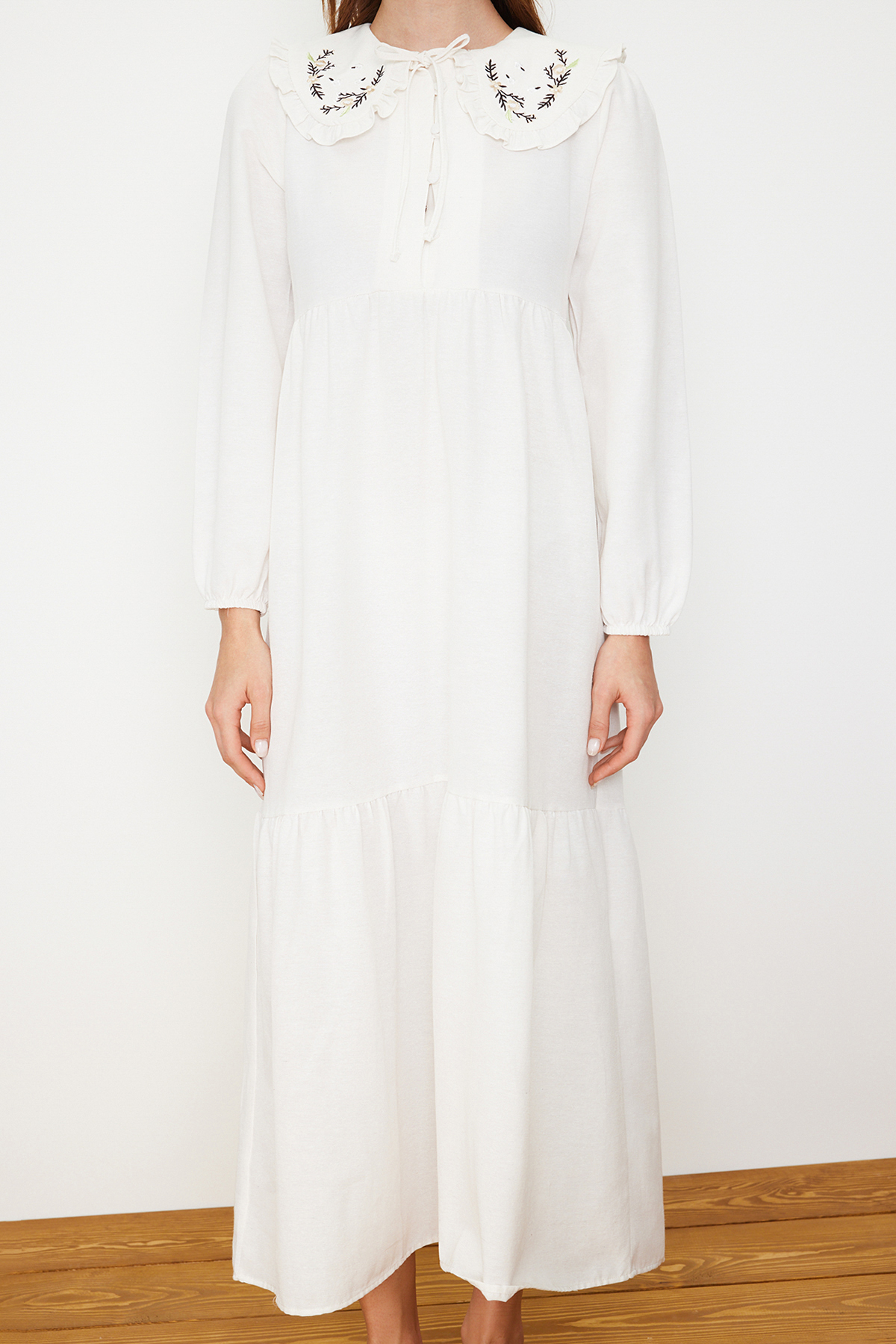 Trendyol Ecru Embroidery Detailed Linen Look Woven Dress