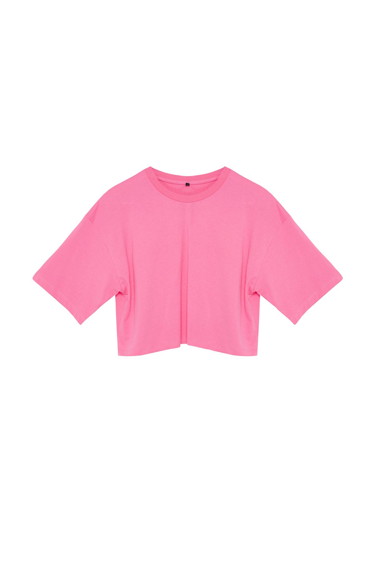 Trendyol Premium Pink 100% Cotton Basic Crop Knitted T-Shirt