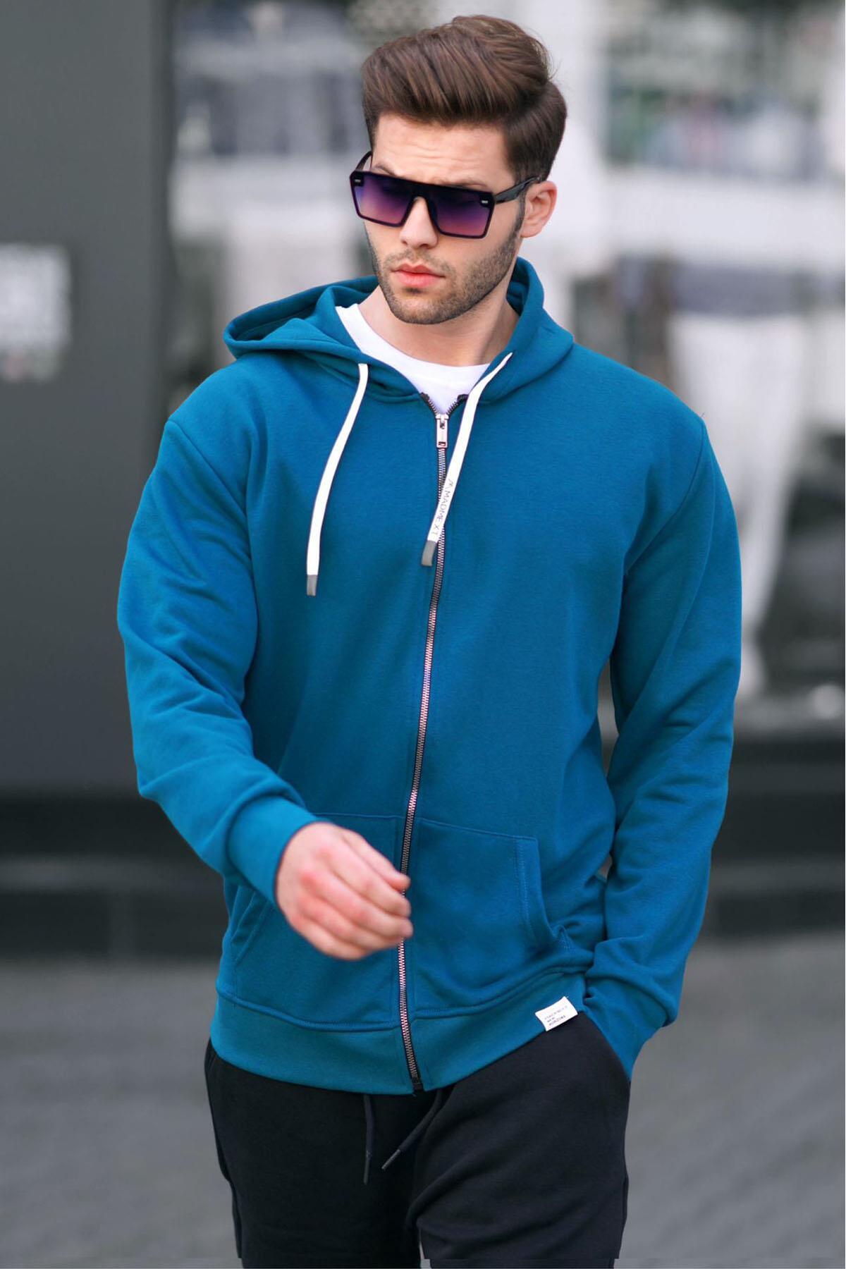 Levně Madmext Petrol Blue Zipper Hooded Sweatshirt 6161