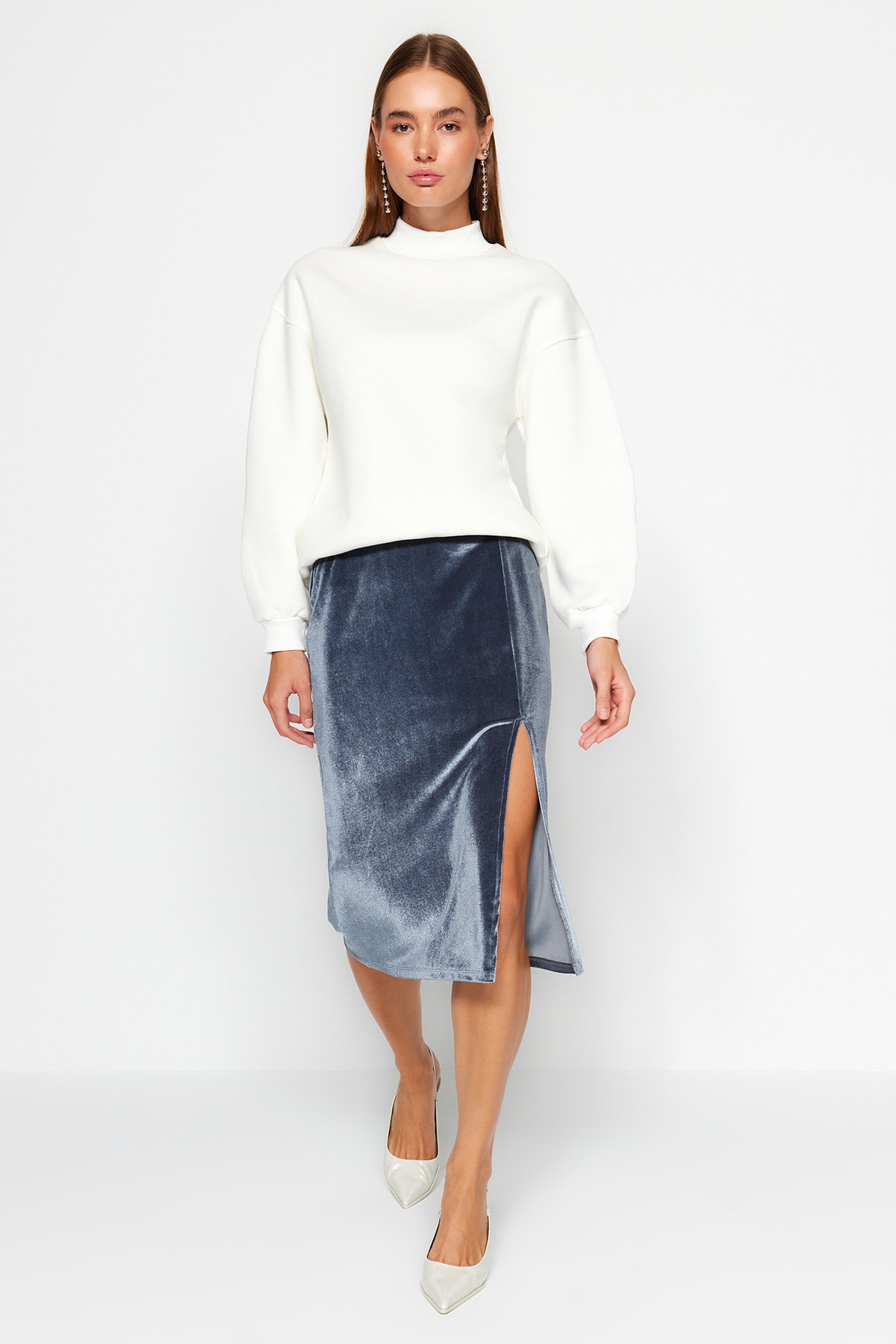 Trendyol Anthracite Velvet Slit Midi Knit Skirt