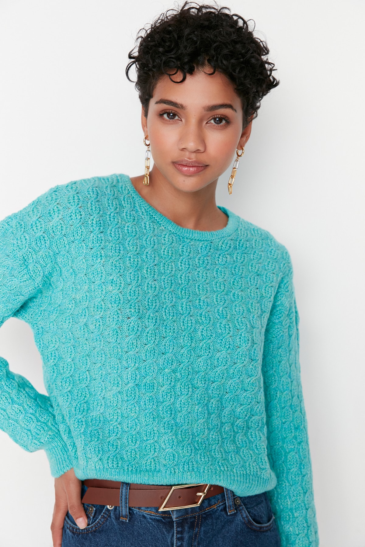 Trendyol Blue Crop Soft Textured Knitwear Sweater
