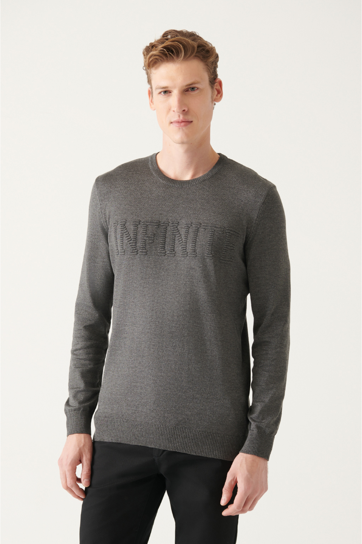 Avva Men's Gray Crew Neck Text Slogan Cotton Regular Fit Knitwear Sweater