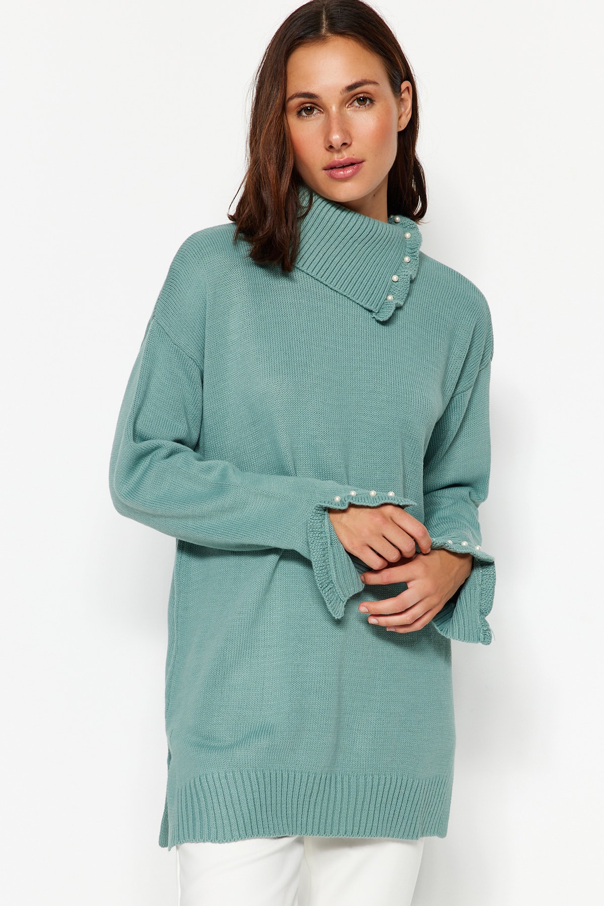 Trendyol Mint Pearl Detailní pletený svetr