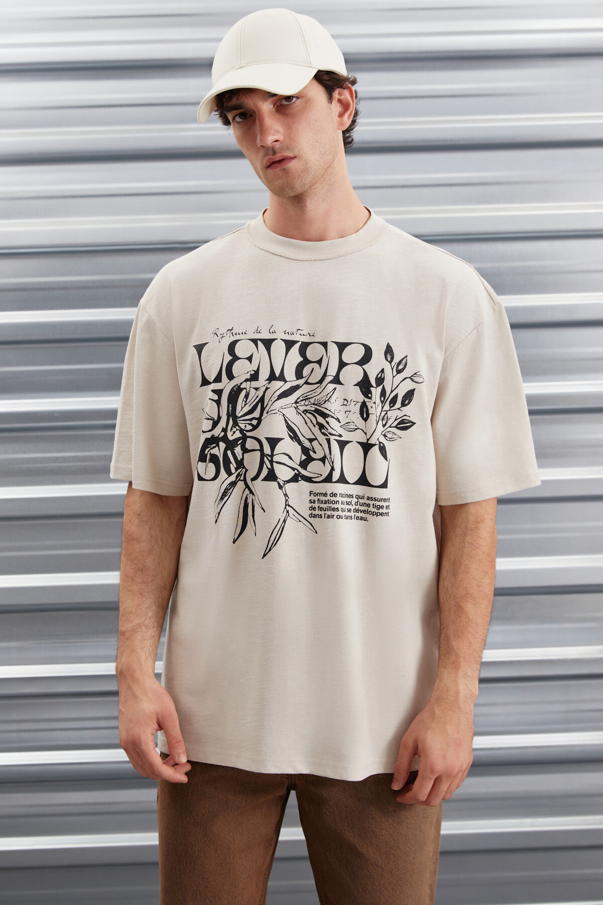 Levně GRIMELANGE Trae Men's Regular Fit 100% Cotton Printed Beige T-shirt