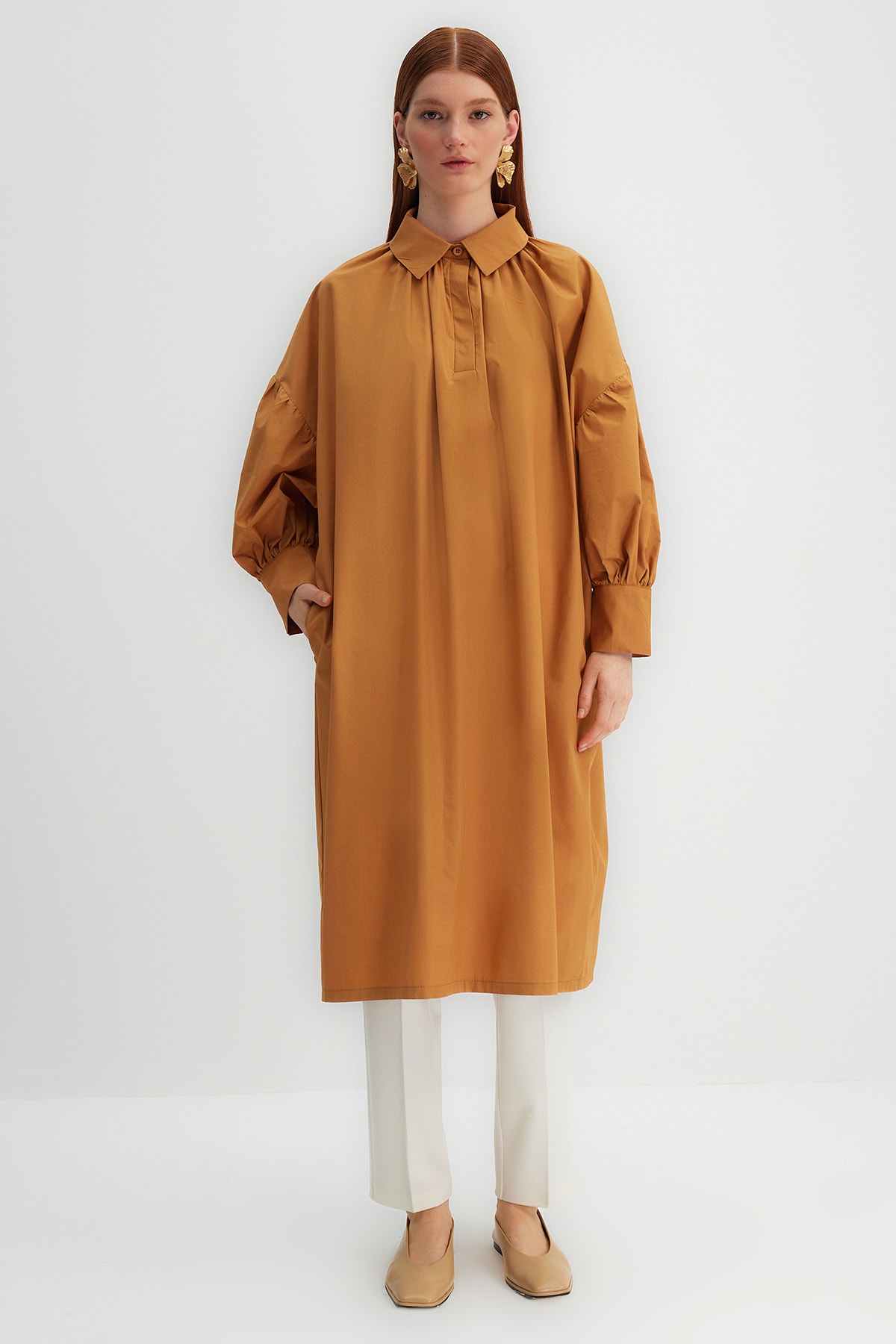 Trendyol X Kevser Sarıoğlu Brown Half Paw Smocking Detail 100% Cotton Poplin Weave Tunic