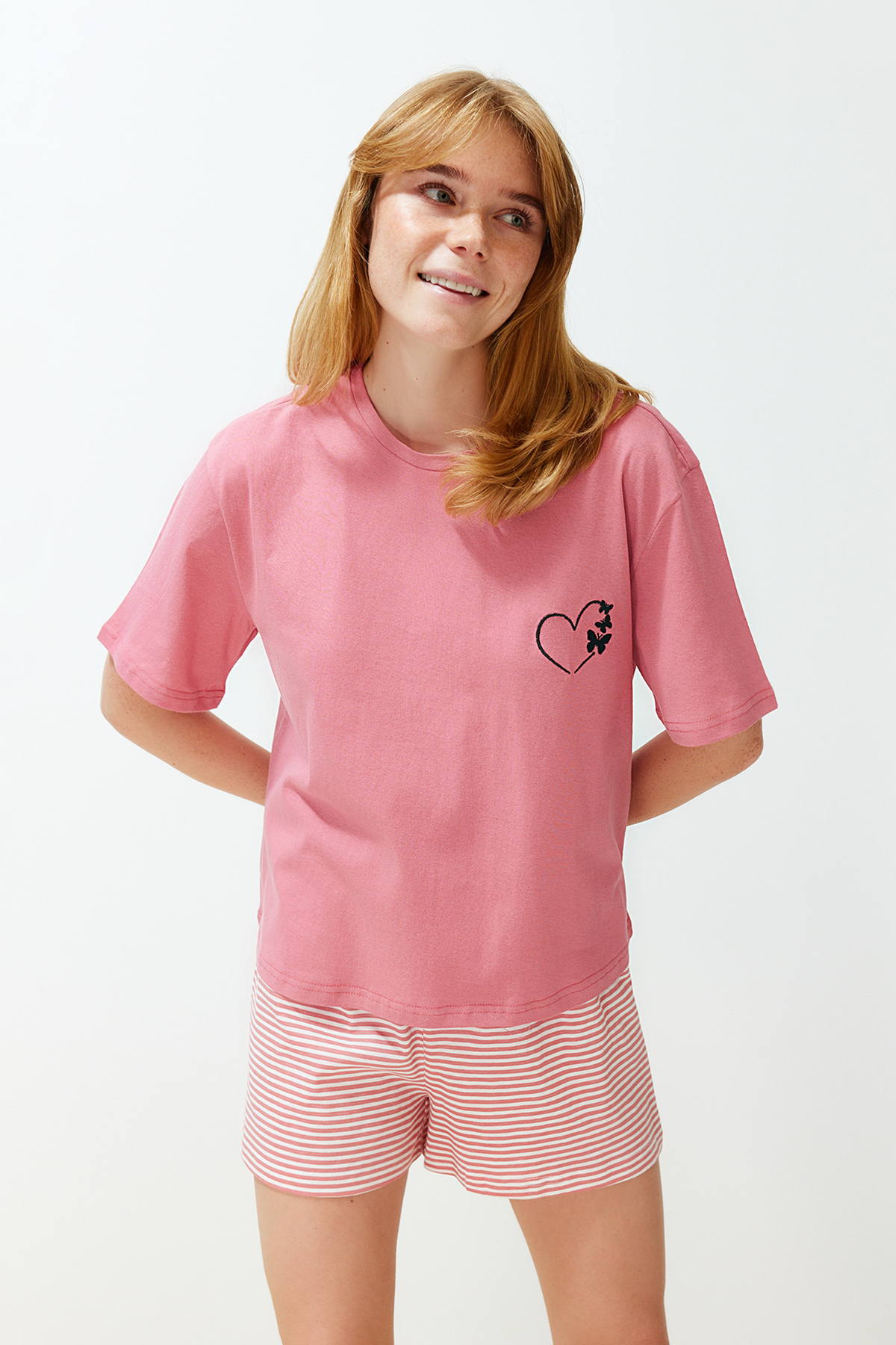 Levně Trendyol Powder Cotton Heart Knitted Pajamas Set