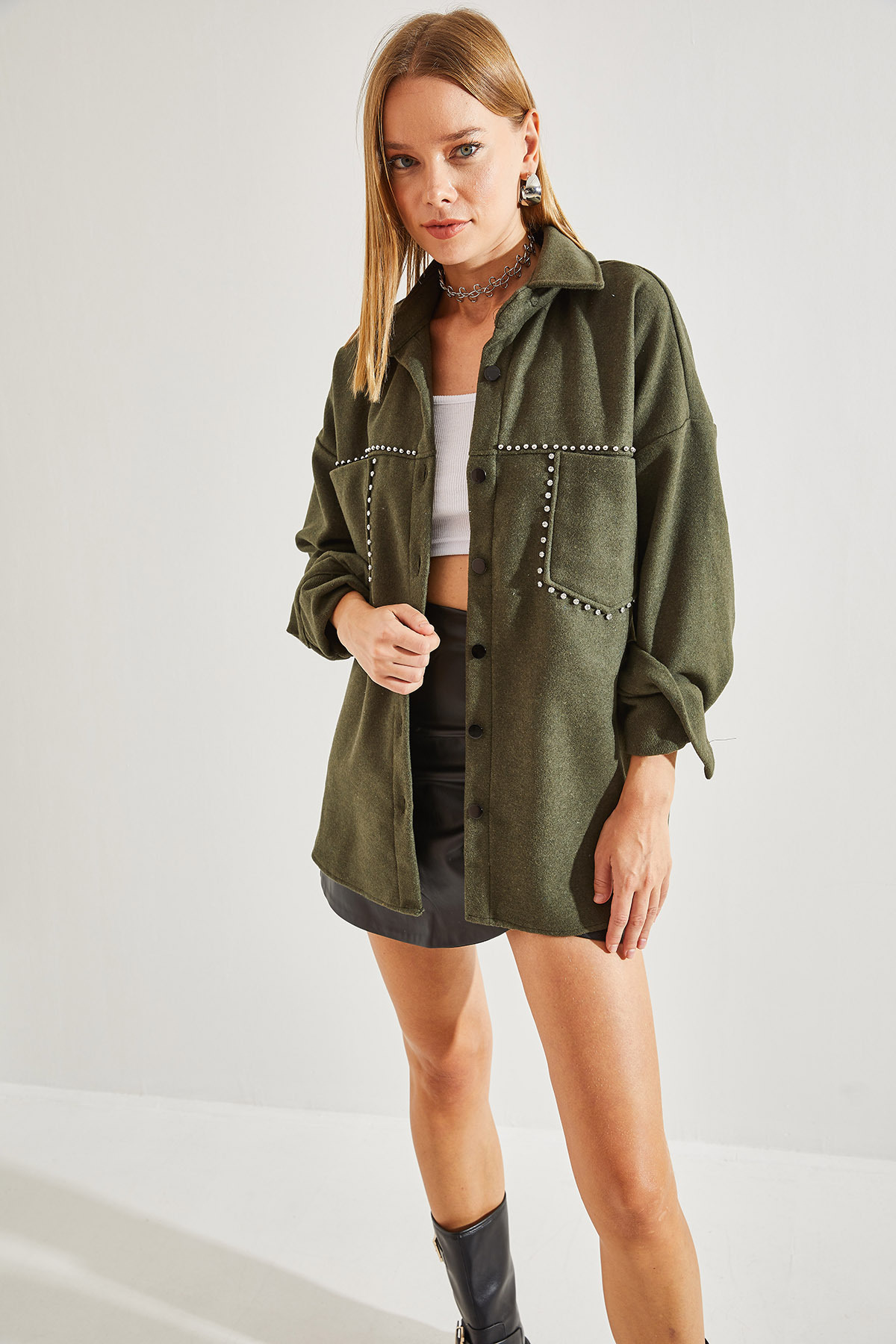 Jachetă Bianco Lucci Women's Stone Embroeded Cachet cu buzunare duble