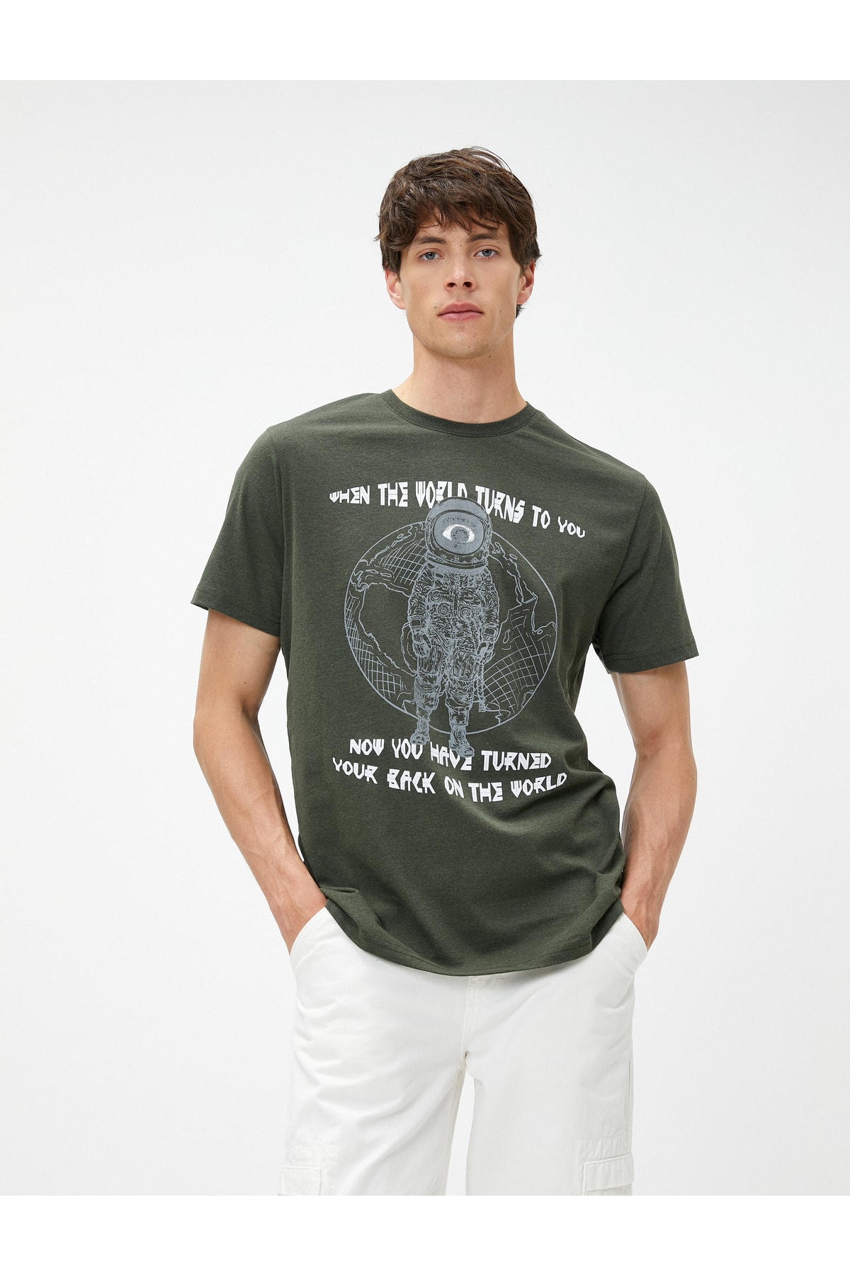 Koton Slogan Printed T-Shirt, Crew Neck Space Theme, Short Sleeves.