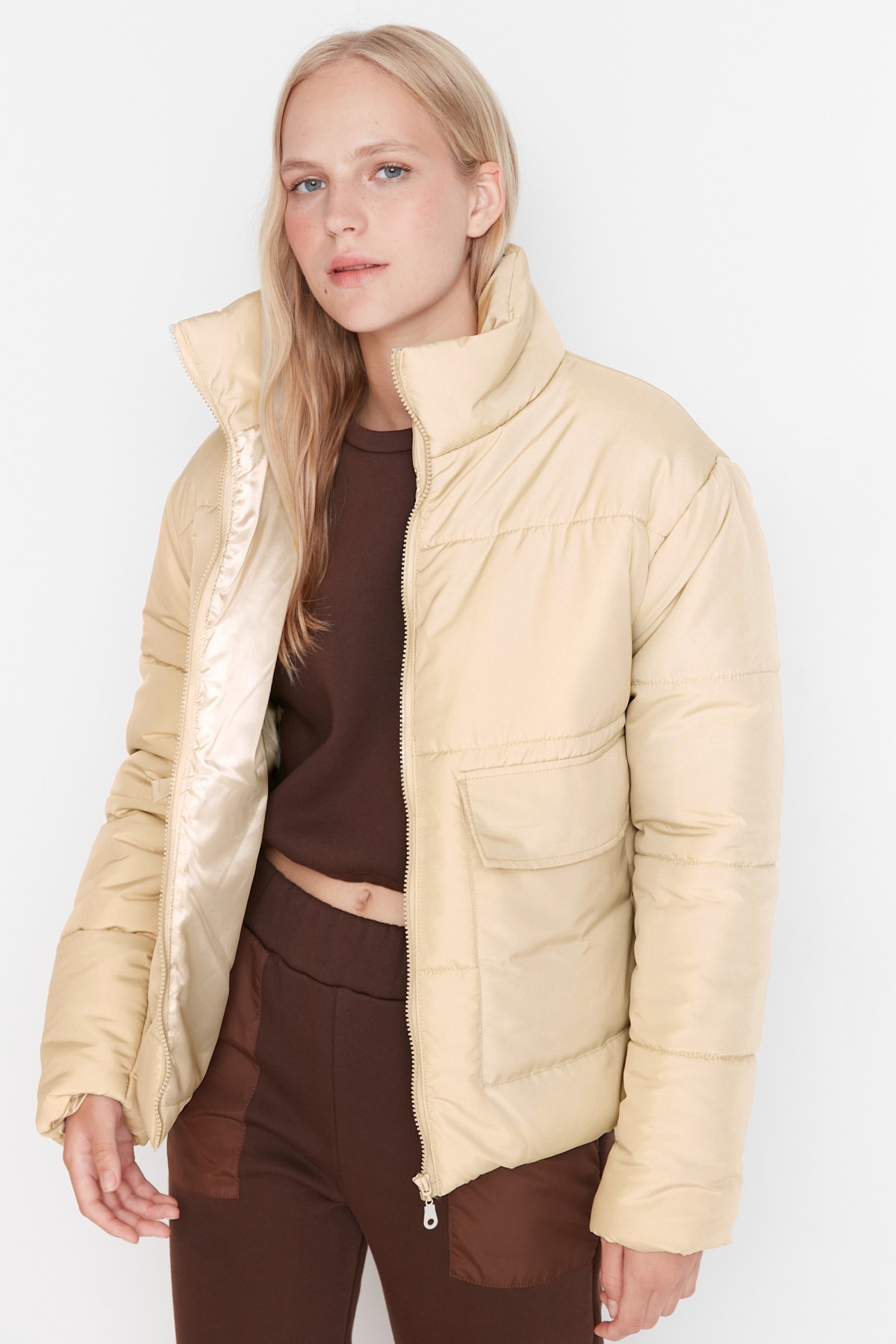 Trendyol Beige Oversized Standing Collar Puffy Coat