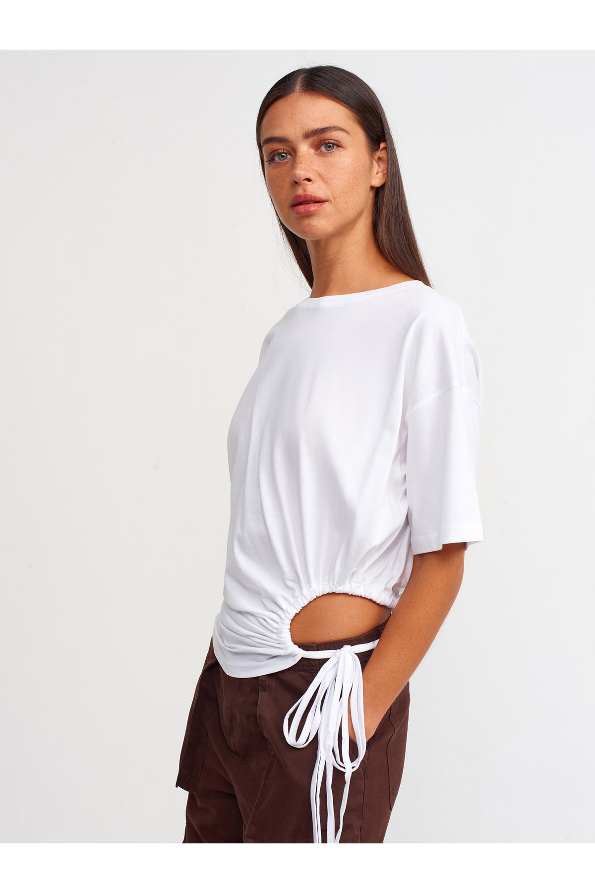 Dilvin 30184 Side Gathered T-Shirt-white
