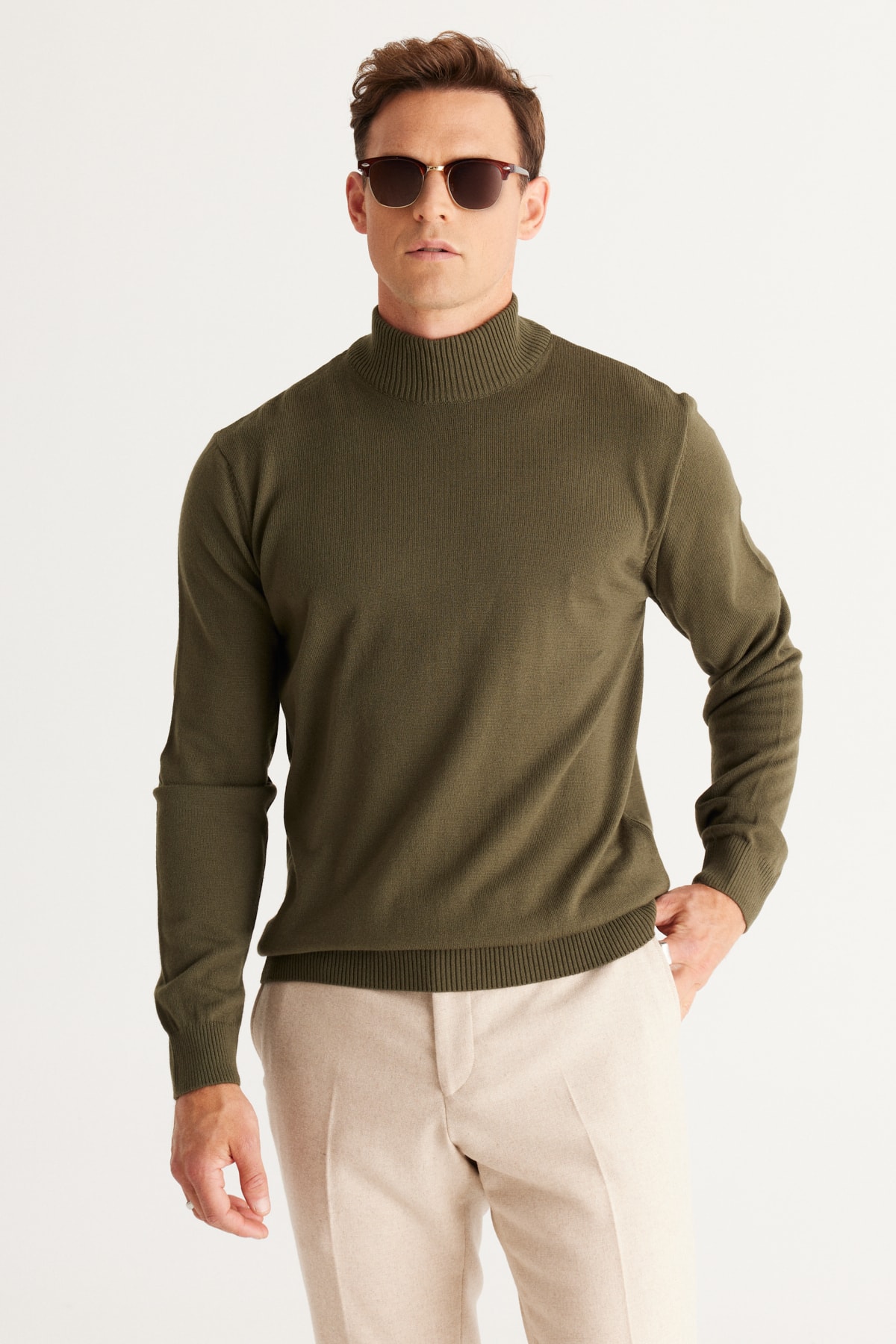 Levně ALTINYILDIZ CLASSICS Men's Khaki Anti-Pilling Standard Fit Normal Cut Half Turtleneck Knitwear Sweater.
