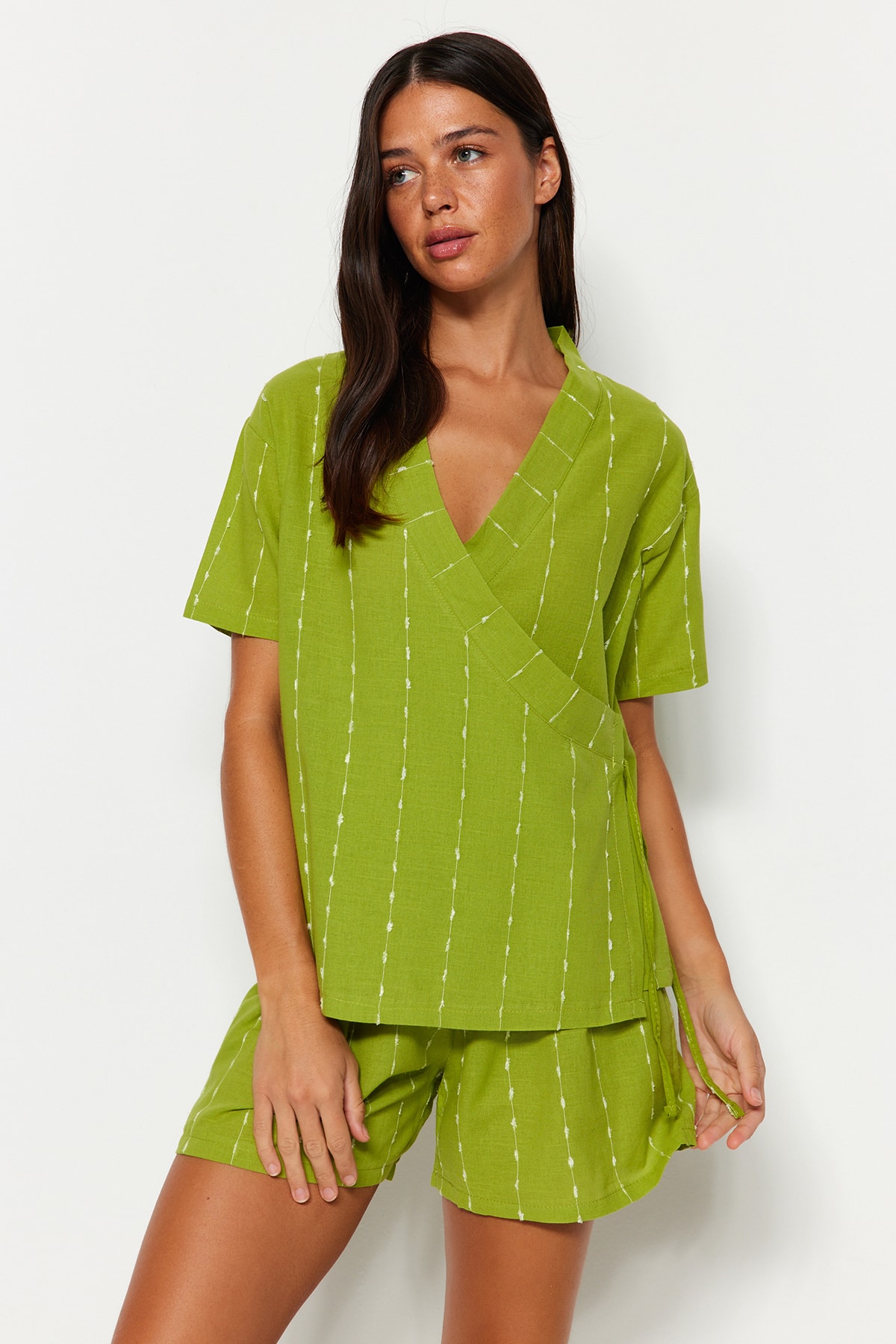 Trendyol Light Green Striped 100% Cotton Wide Fit T-shirt-Shorts Woven Pajama Set