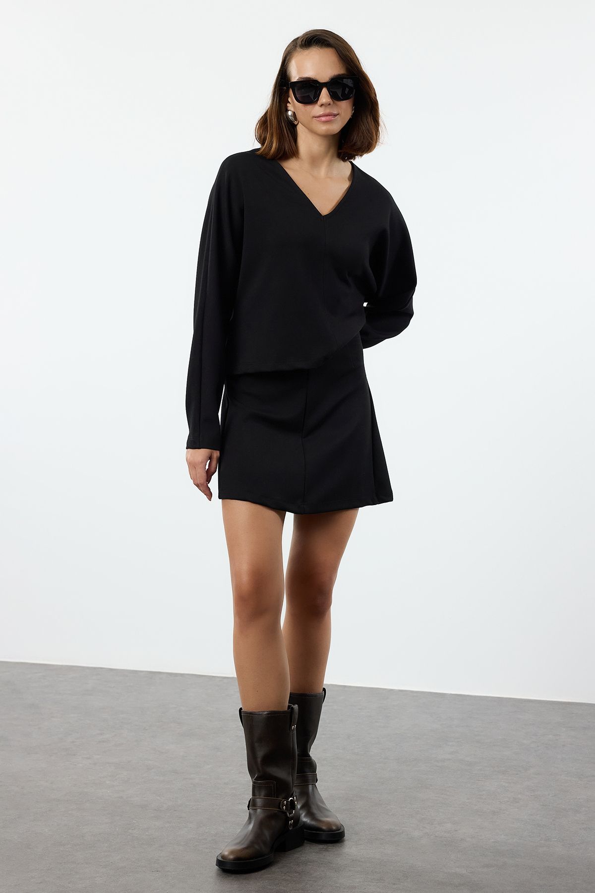 Trendyol Black V-Neck Long Sleeve Blouse and Skirt Knitted Bottom-Top Set