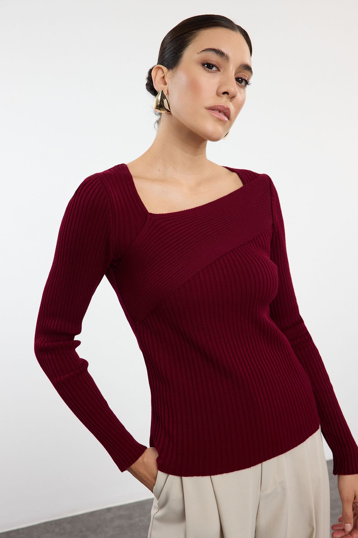 Trendyol Claret Red Square Collar Knitwear Sweater