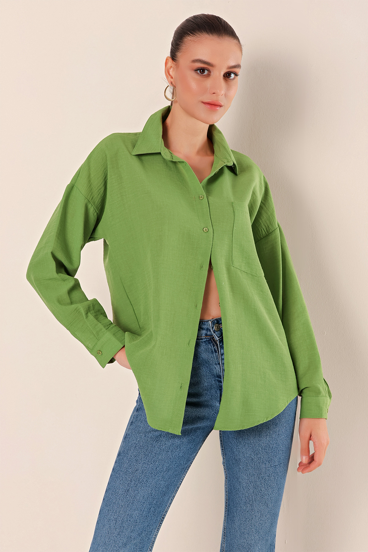Levně Bigdart 20153 Single Pocket Oversize Linen Shirt - E.green