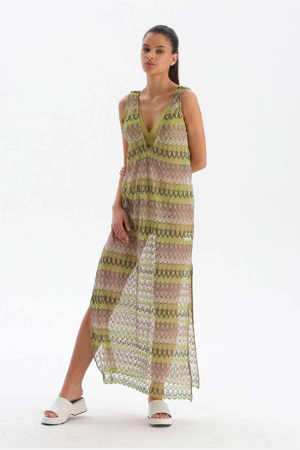 Dagi Green - Ecru Sleeveless Slit Detail Long Beach Dress