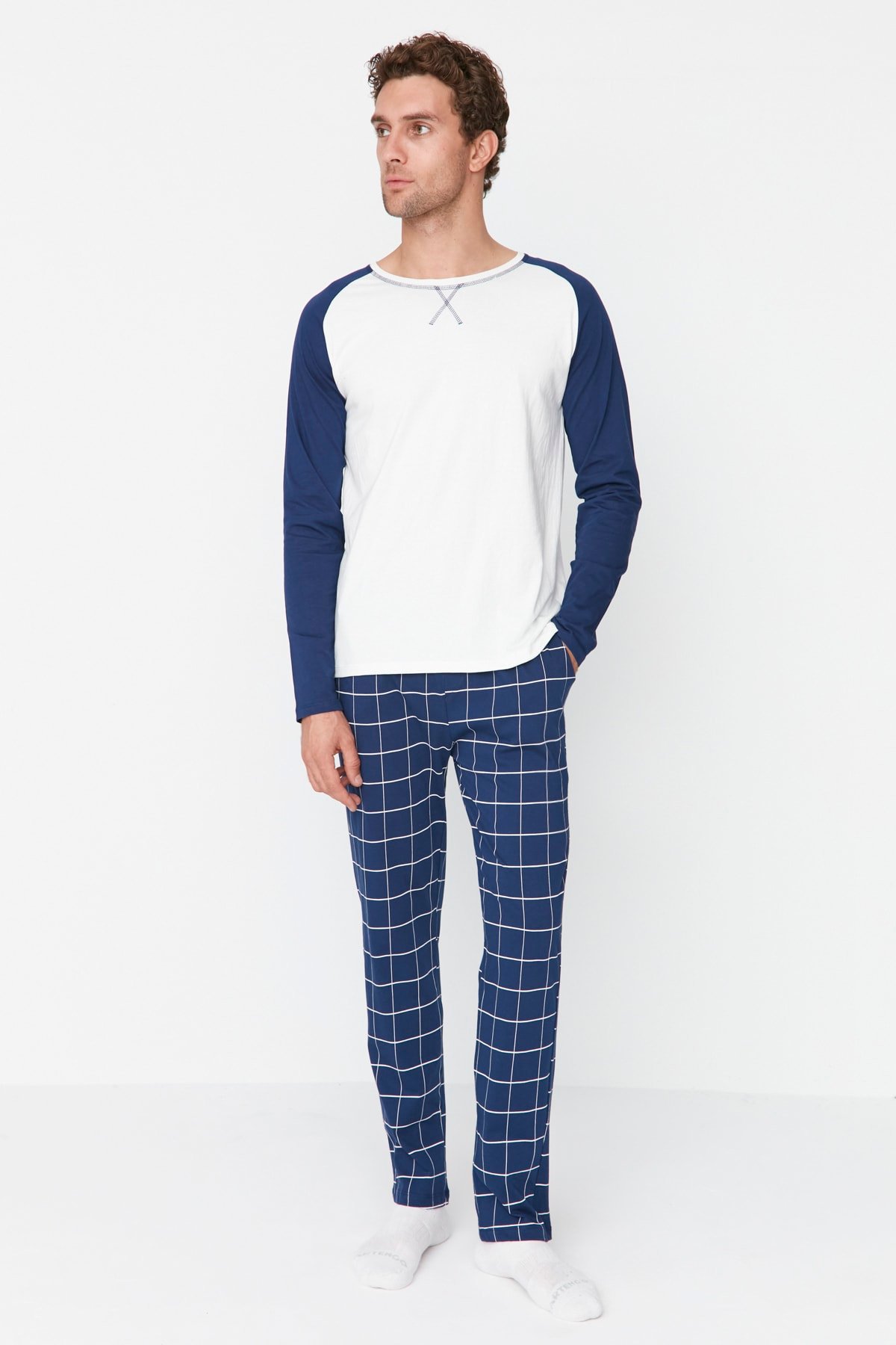 Trendyol Navy Blue 100% Cotton Plaid Knitted Pajama Set