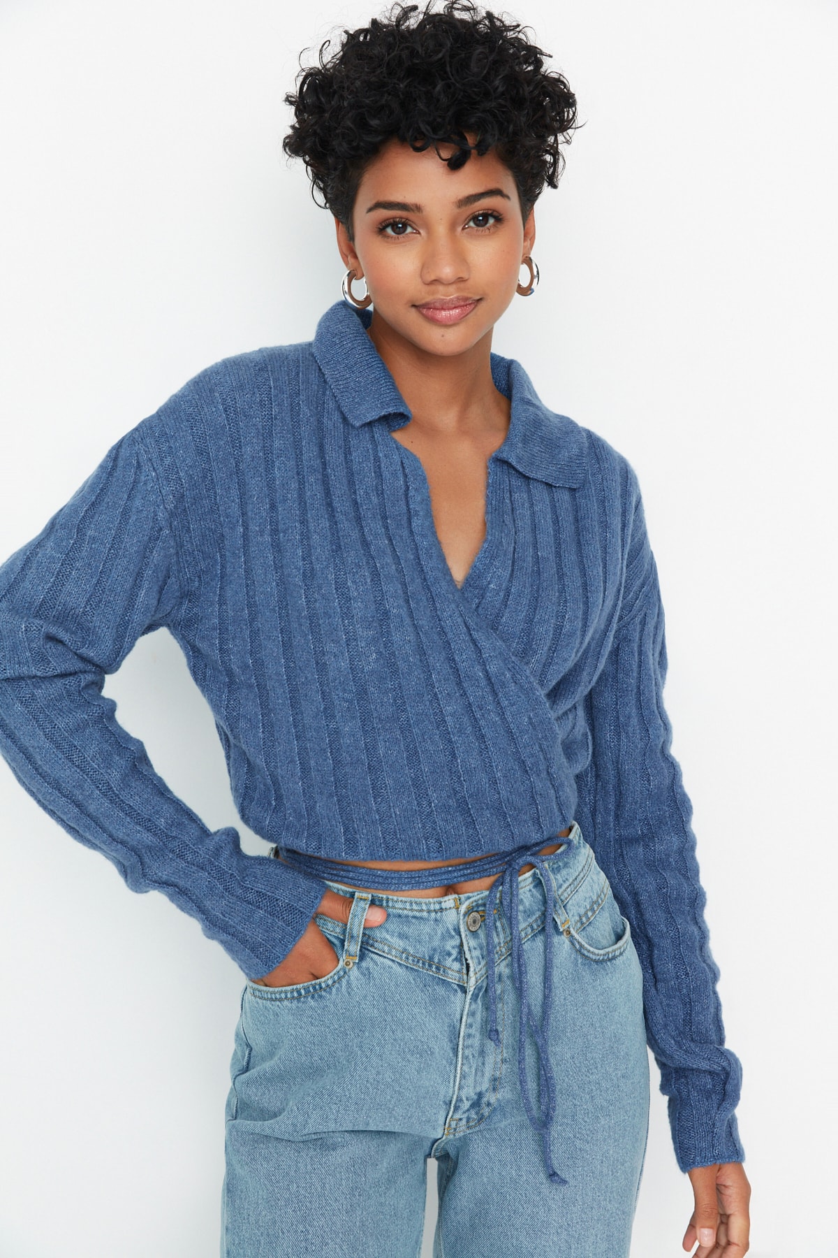 Trendyol Indigo Crop Polo Collar Knitwear Sweater