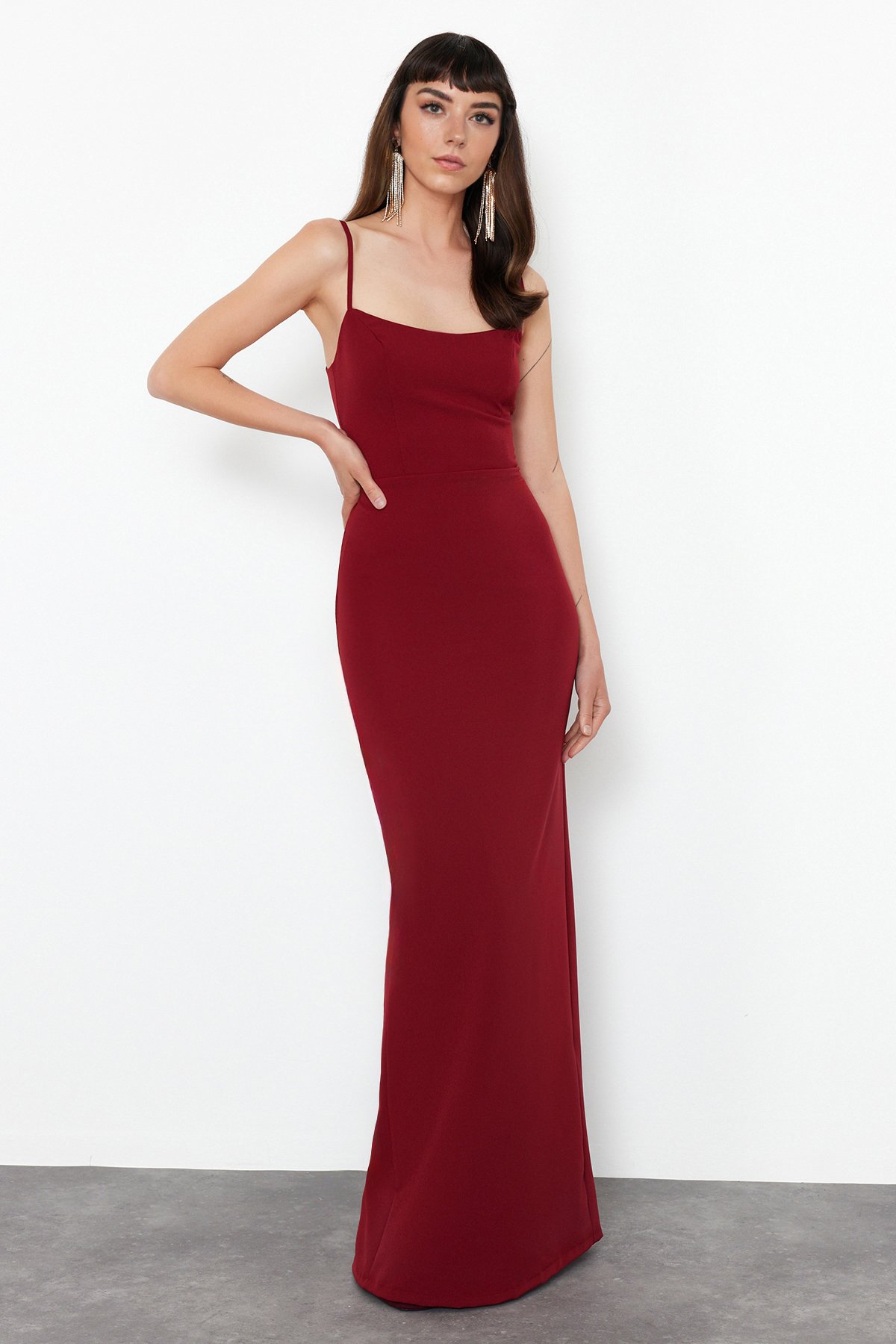 Trendyol Burgundy Fitted Woven Long Evening Dress