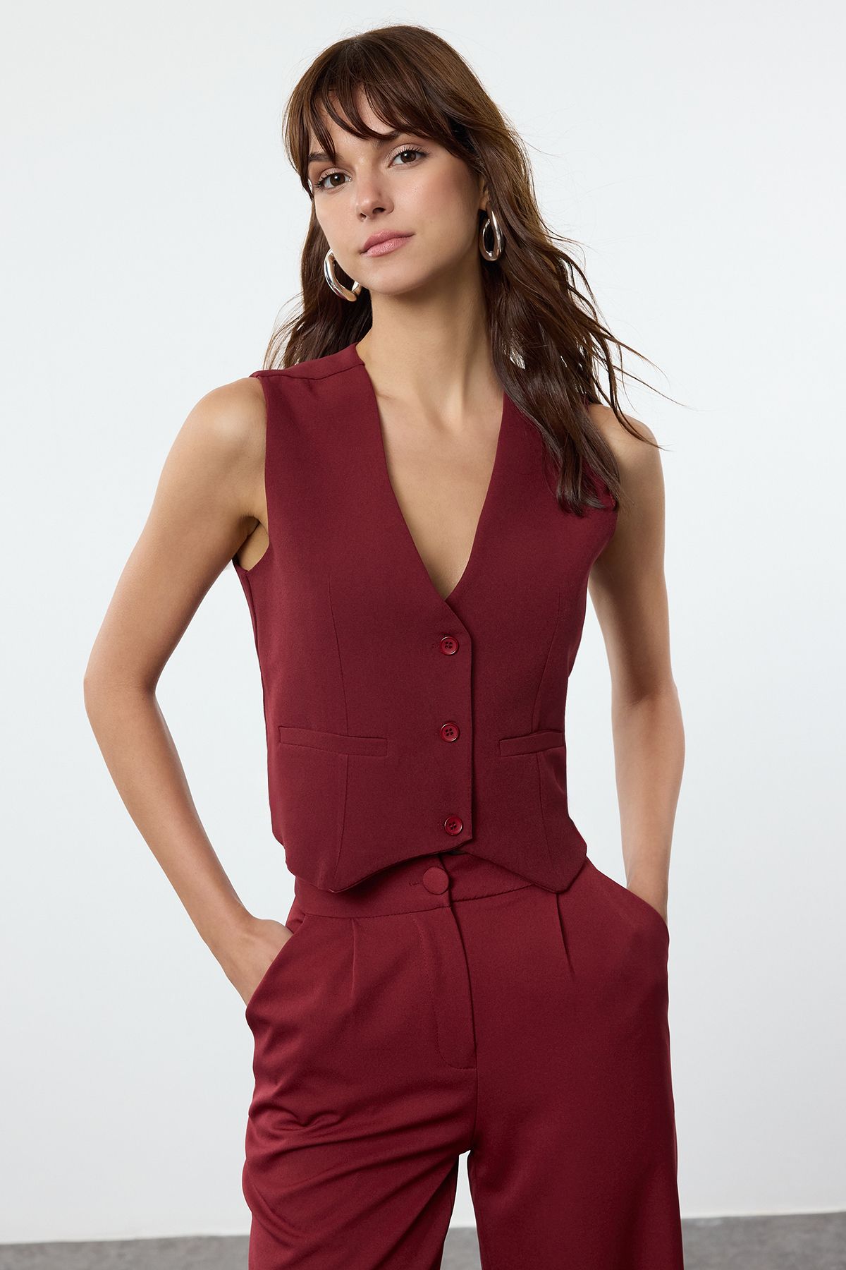 Trendyol Burgundy Buttoned Woven Vest