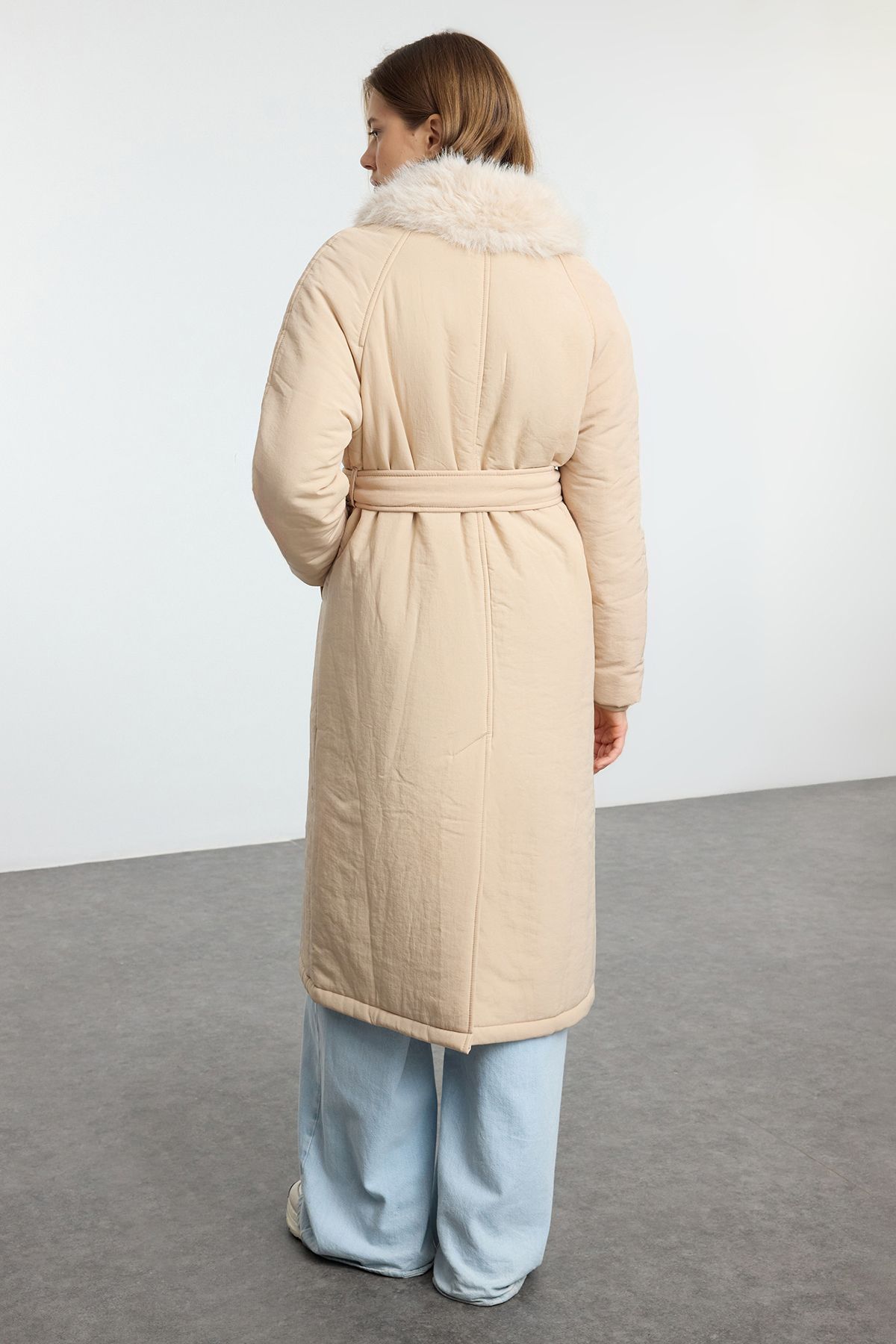 Trendyol Mink Oversize Molded Collar Plush Detail Belted Water Repellent Long Parka Puffer Coat