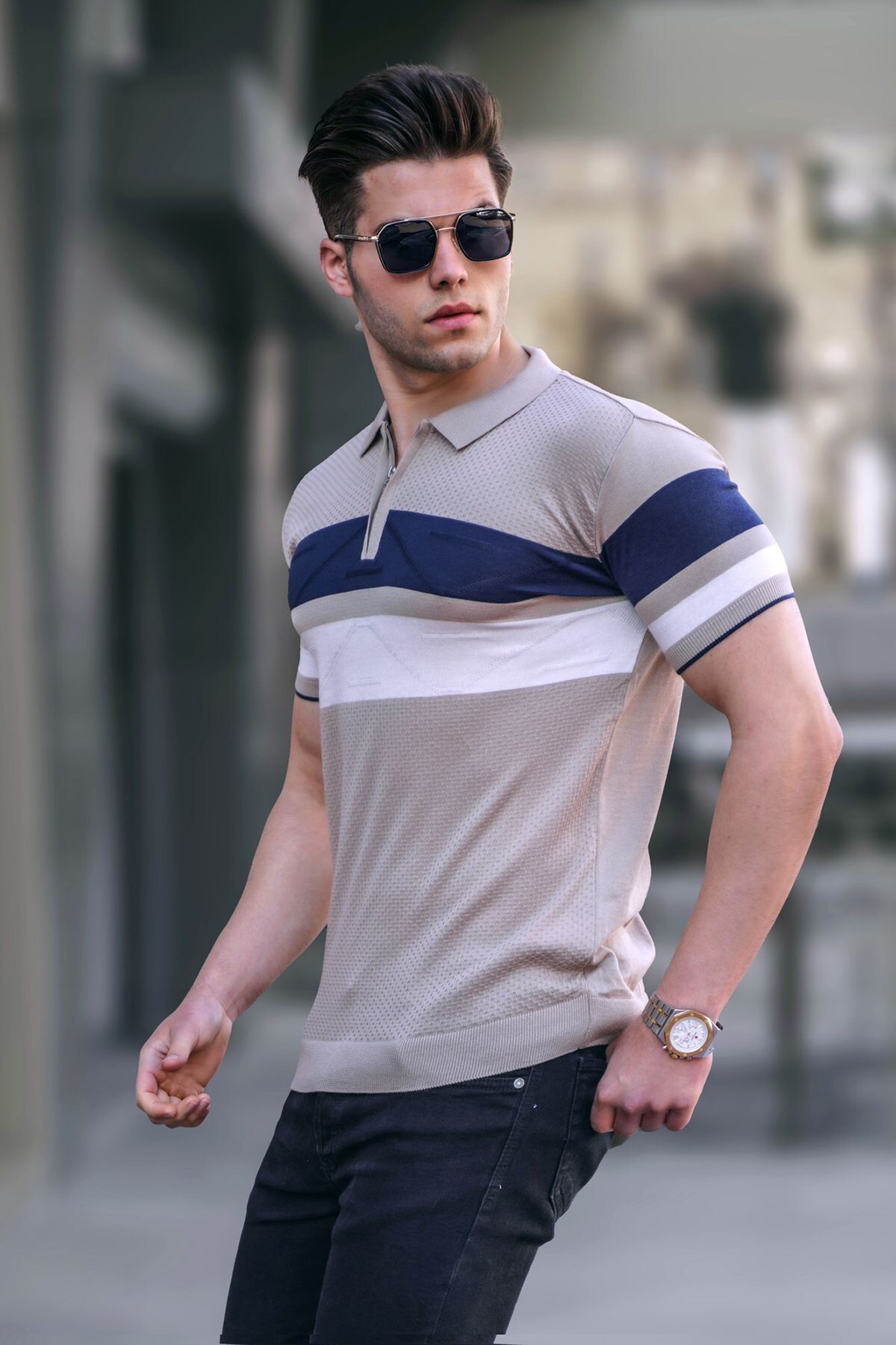 Levně Madmext Men's Mink Polo Collar Zippered T-Shirt 5730