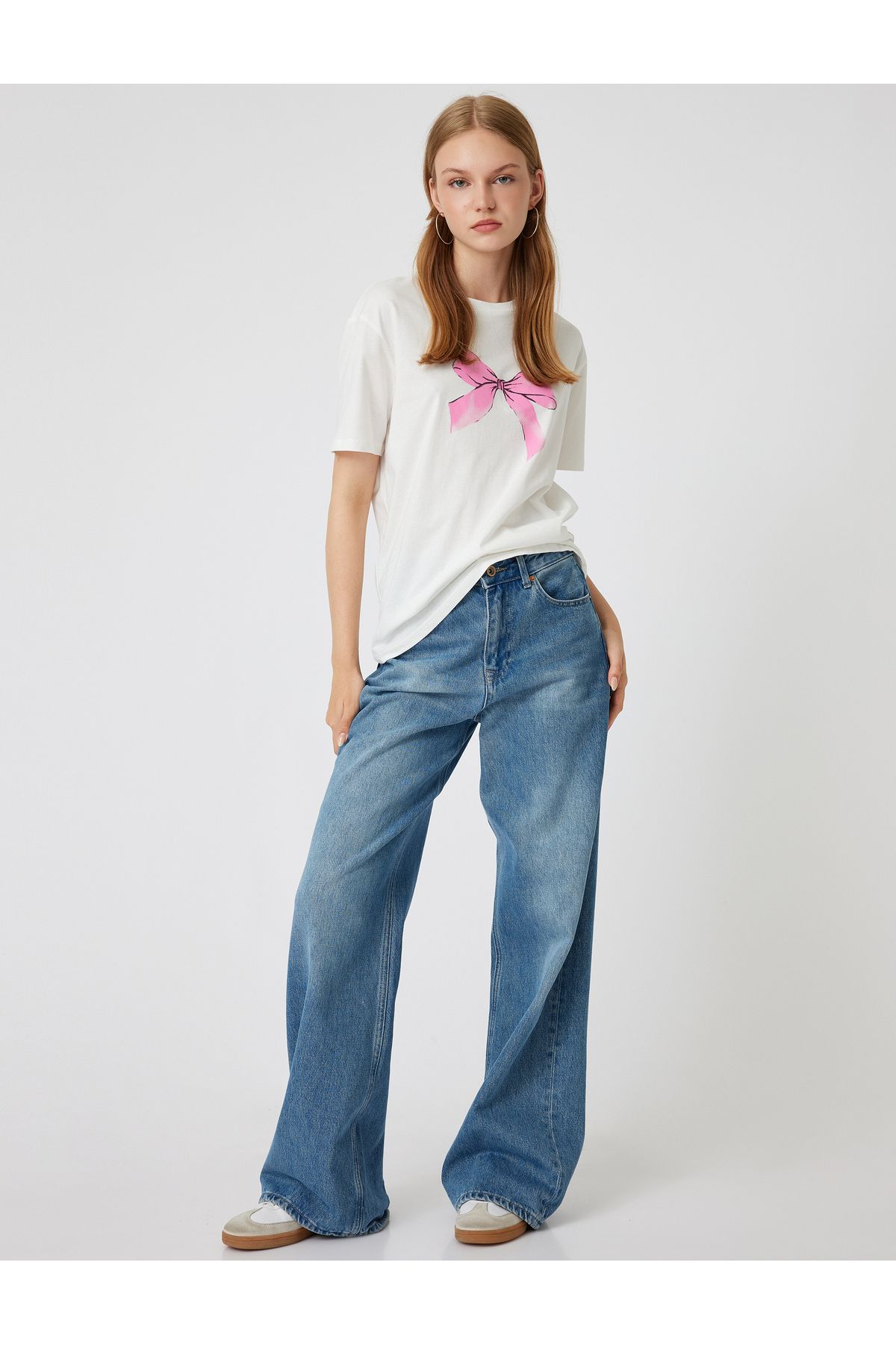 Oversize Bow Printed T-Shirt Crew Neck Short Sleeve