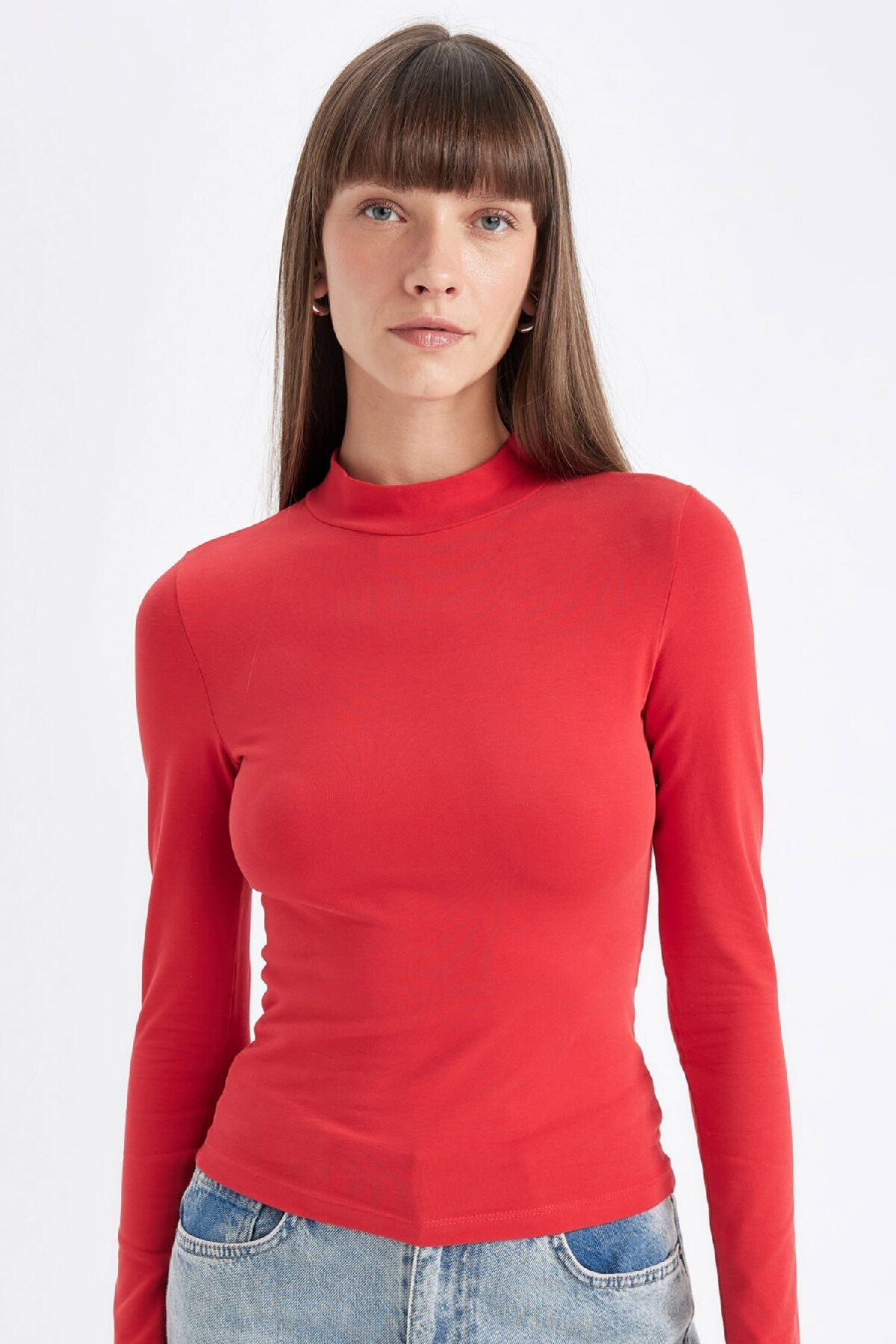 DEFACTO Red Slim Fit Slim Fit Half Turtleneck Casual Basic Plain Long Sleeve T-Shirt