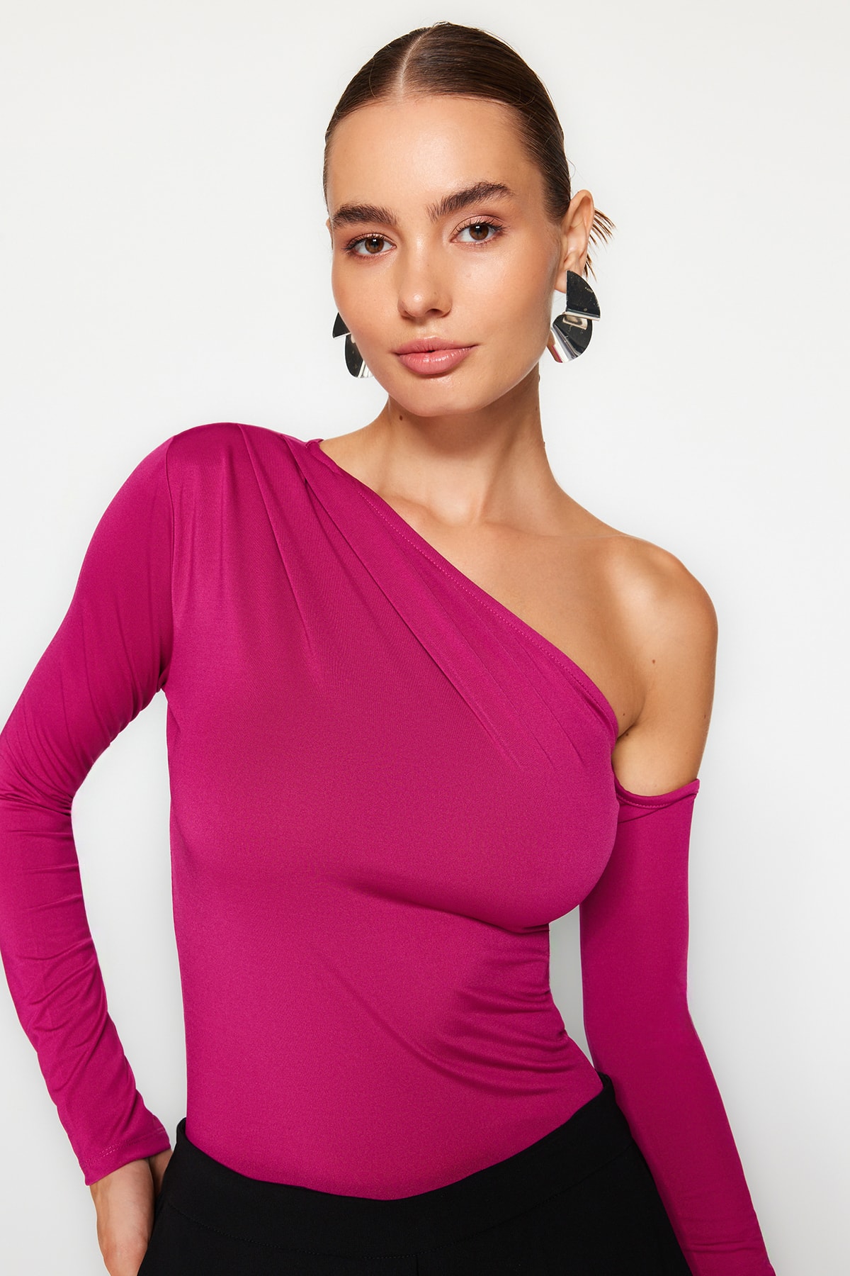 Trendyol Fuchsia Asymmetric Collar Long Sleeve Flexible Snaps Knitted Bodysuit