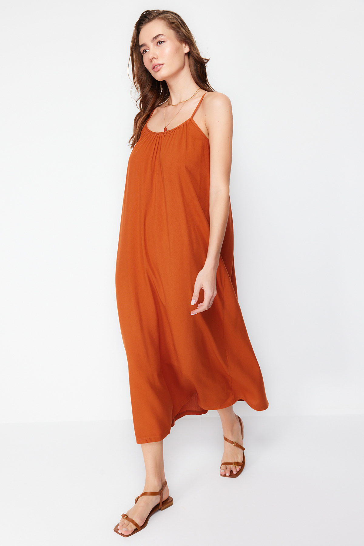 Trendyol Brown Shift/Straight Cut Viscose Strap Maxi Woven Dress