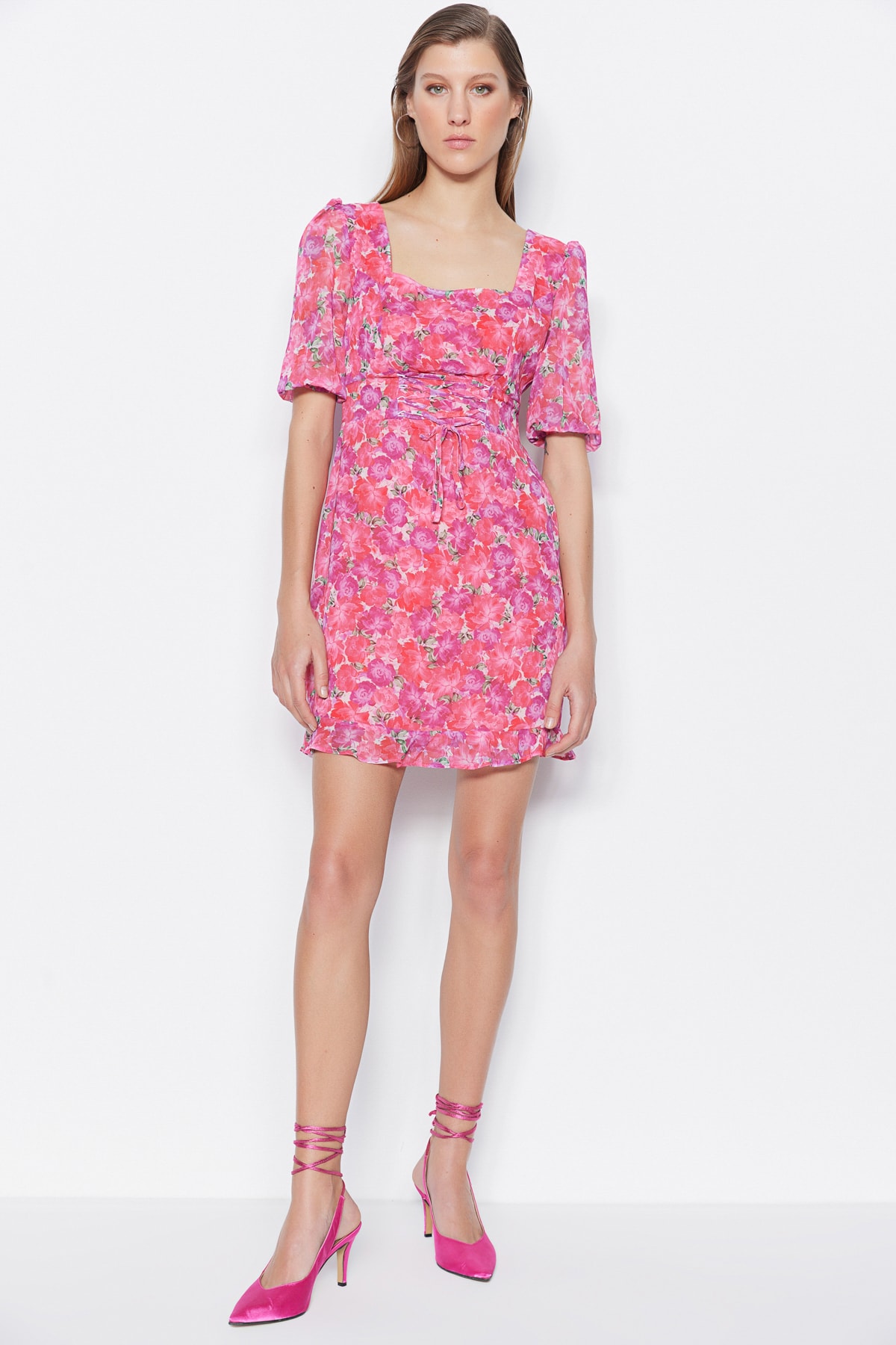 Trendyol A-Line Pink Mini Woven Lined Floral Dress with Tie Detail