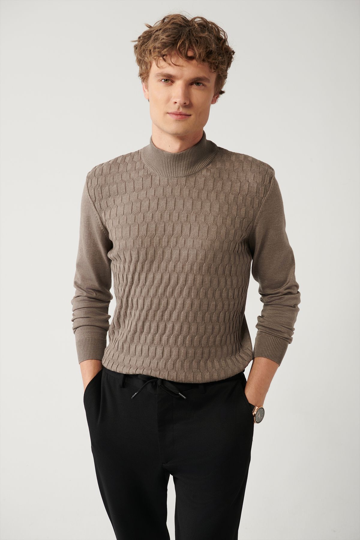 Avva Men's Mink Knitwear Sweater Half Turtleneck Front Textured Cotton Regular Fit