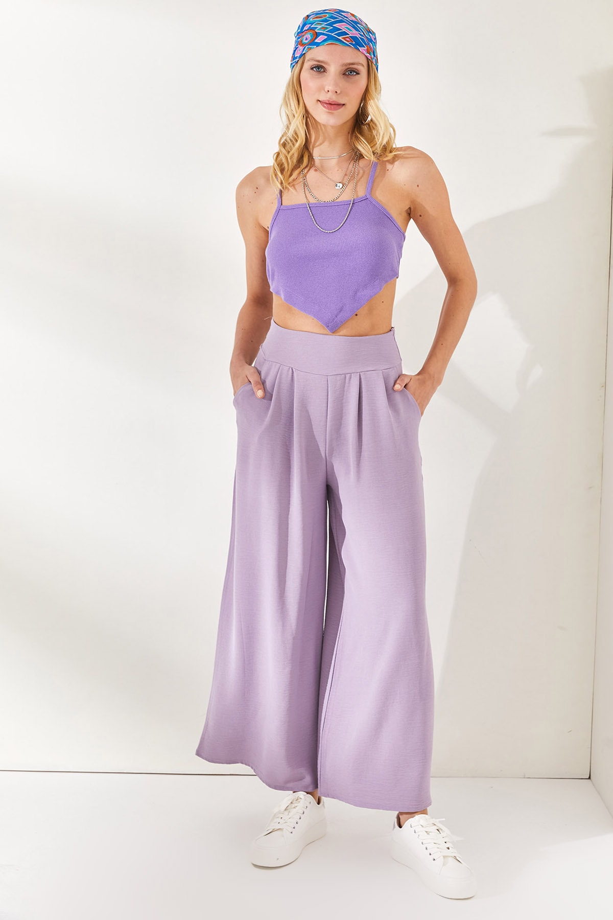Levně Olalook Dámské lila boční kapsy na zip, skládané detailní splývavé kalhoty