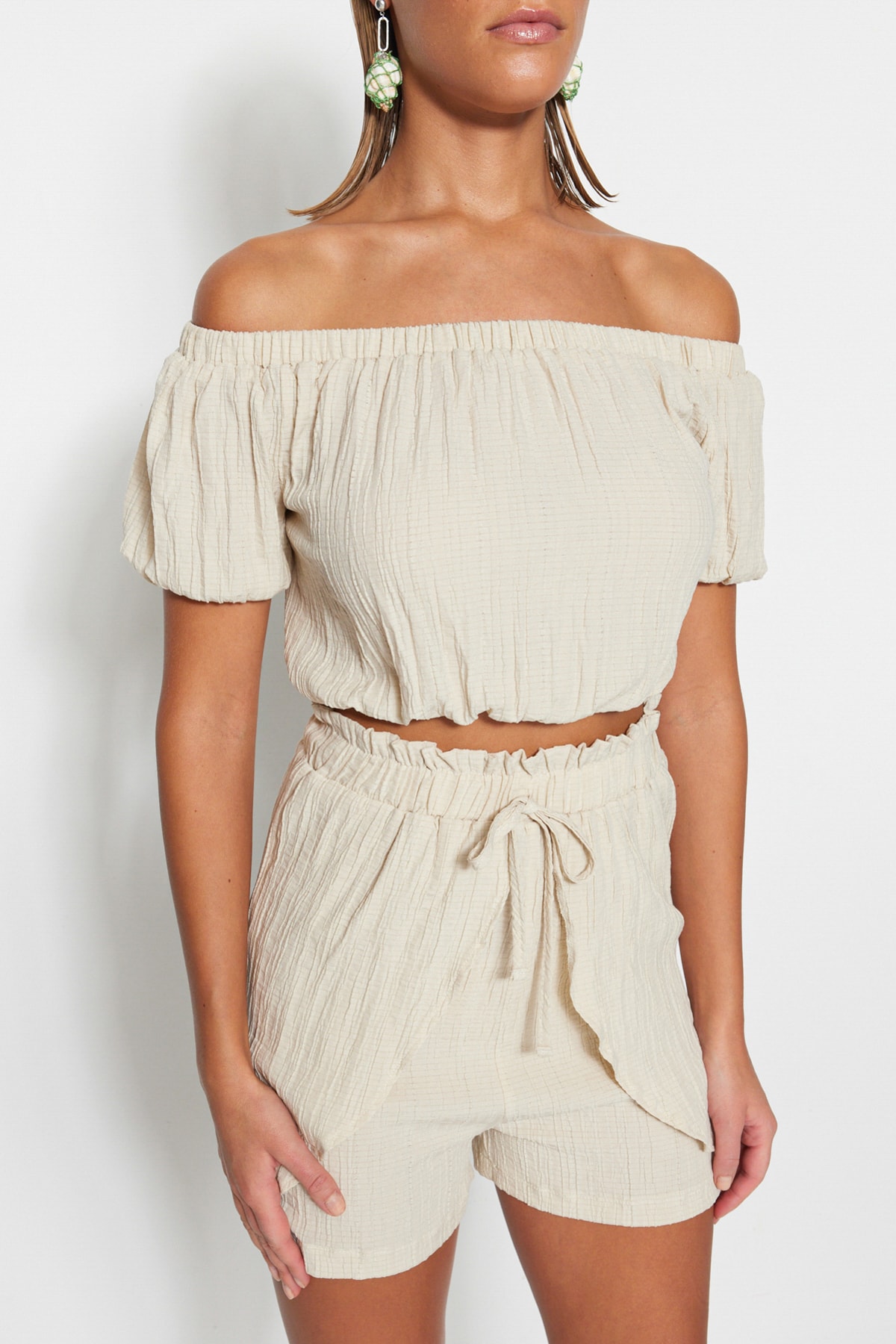 Trendyol Ecru Woven Blouse Short Set