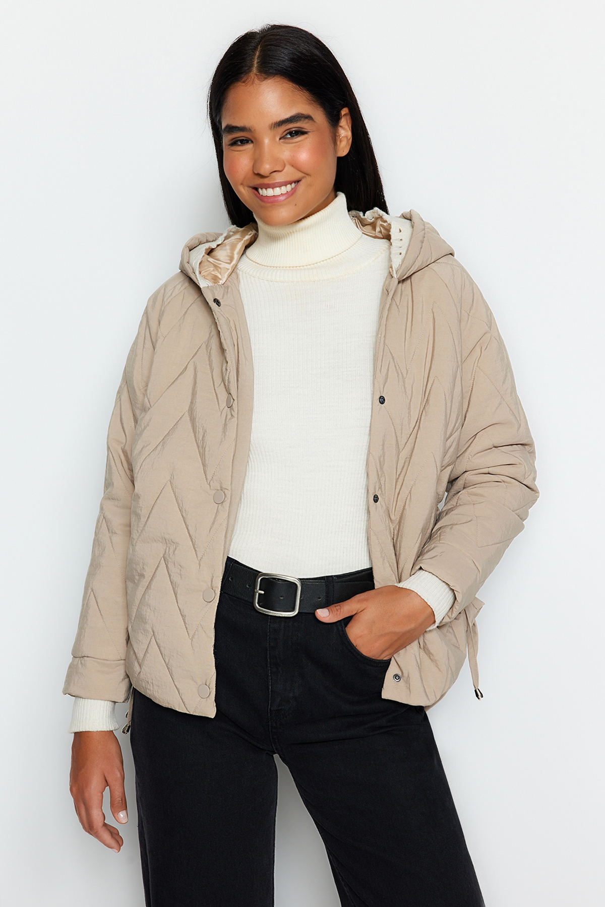 Trendyol Beige Oversized Hoodie with Rib Detail, Water-Repellent Quilted Inflatable Coat